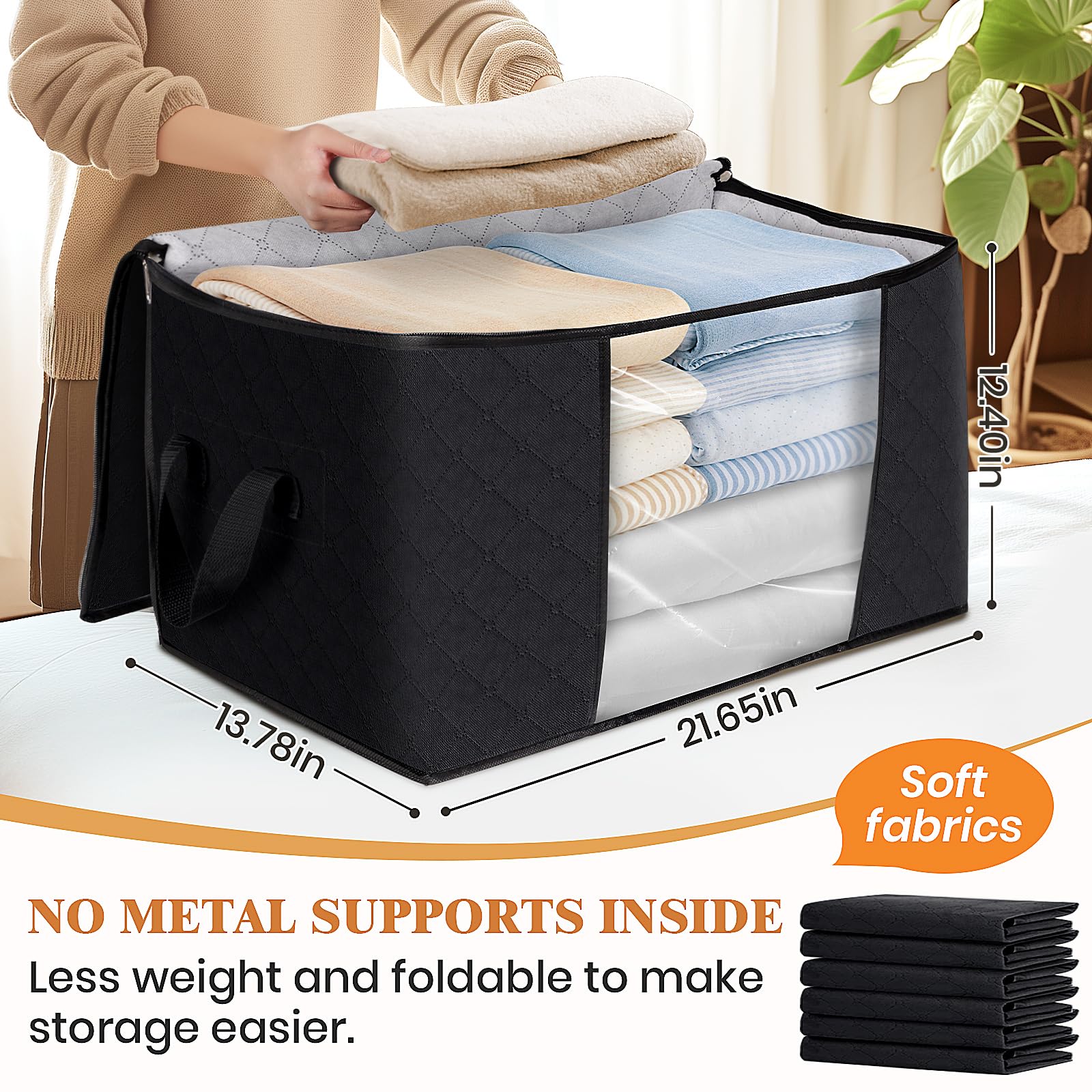 8-Pack Foldable Thick Fabric Storage Bags - Large Clothes & Blanket Organizer for Bedroom, Closet, Comforter | Durable Storage Containers with Handles (Black) | Perfect for Seasonal Clothing Rotation & Space Saving Storage