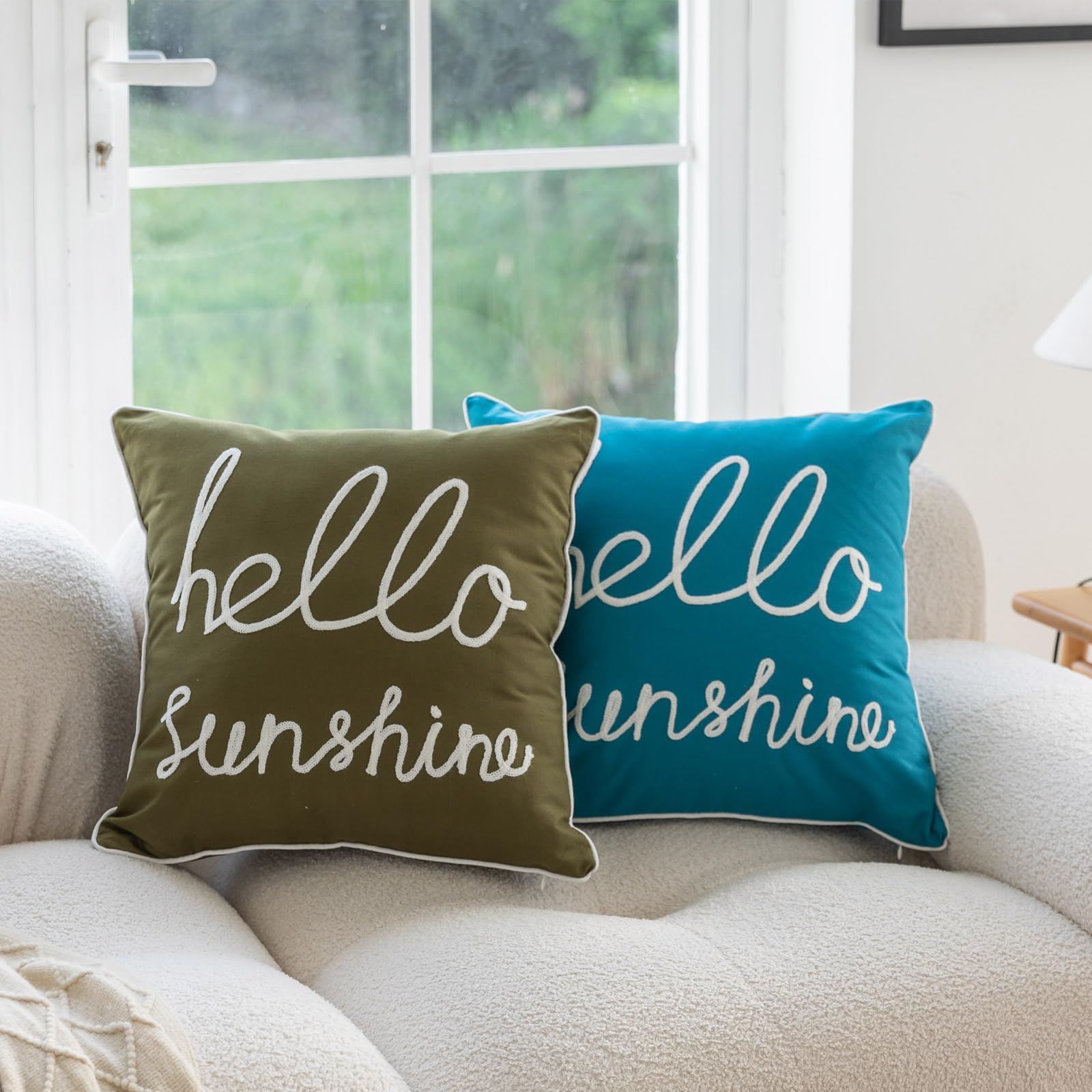 YIcabinet Set of 2 Soft Solid Decorative Square Throw Pillow Covers 18x18 Inch - Green Hello Sunshine Pattern for Sofa, Bedroom, Outdoor Patio & Car Decor - Perfect for Home Accent, Living Room Coziness and Seasonal Decorations