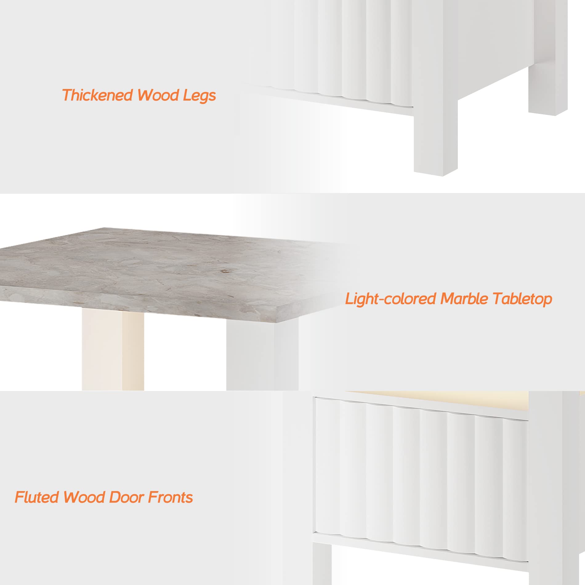 WAMPAT White End Table with Storage Cabinet & Open Shelf, Wood Nightstand with Faux Marble Tabletop & LED Light - Perfect for Living Room, Bedroom & Small Spaces (White/Grey) | Modern Side Table for Home Decor, Apartment Essentials & Cozy Lighting