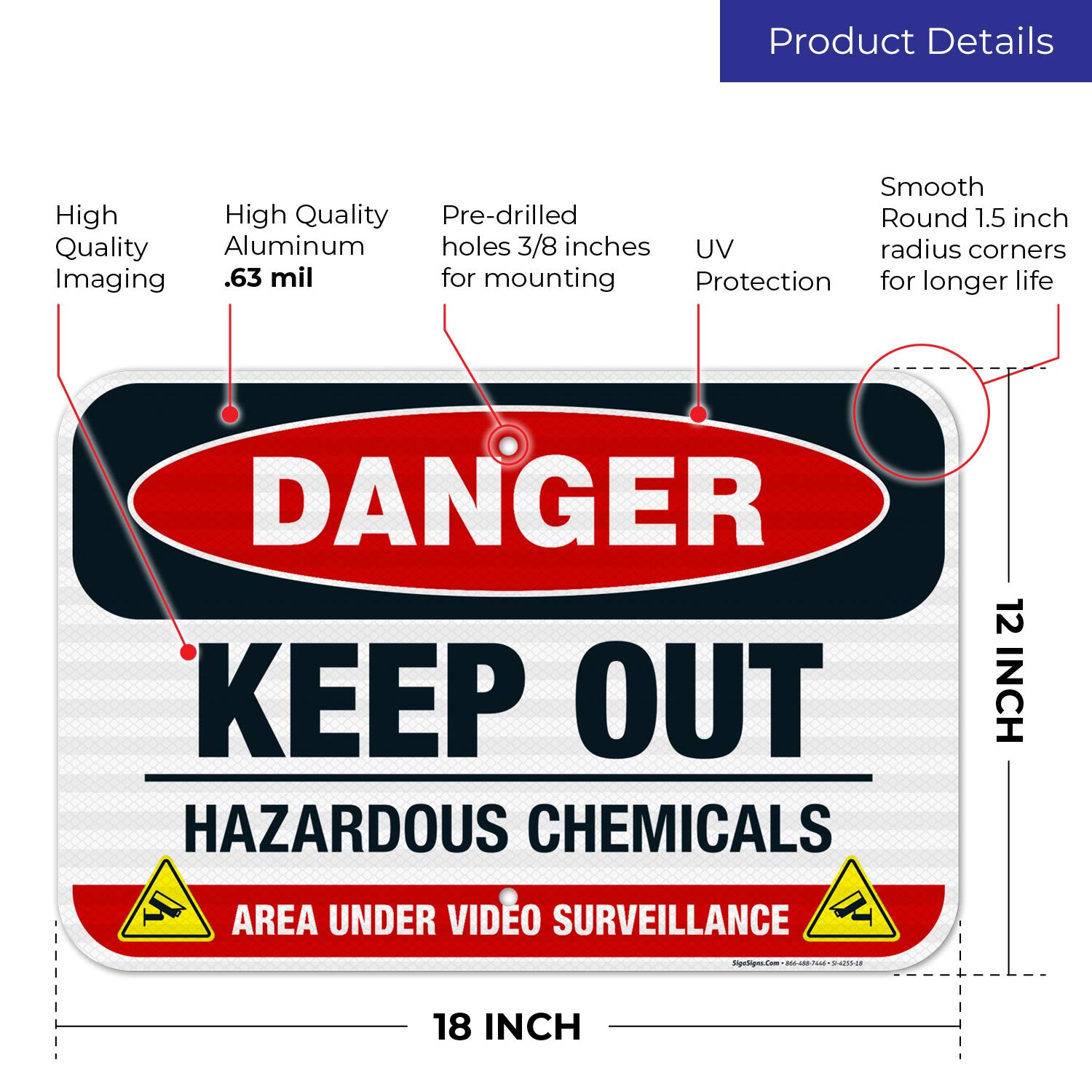 OSHA Approved Keep Out Hazardous Chemicals Sign - 12x18 Inch Reflective Aluminum Safety Sign for Industrial & Warehouse Use - 3M EGP .063 Fade Resistant Material - Indoor/Outdoor Warning Sign Made in USA - Perfect for Chemical Storage Areas, Factories & Construction Sites