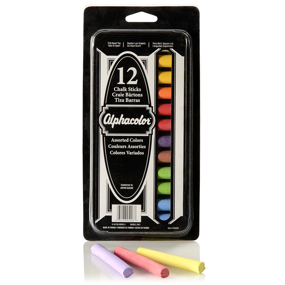 Derwent Alphacolor Chalk Sticks - 12 Pack Assorted Colors | Low Dust & AP Approved Non-Toxic Art Supplies | Perfect for Classroom, Sidewalk Art & Chalkboard Drawing (305003)