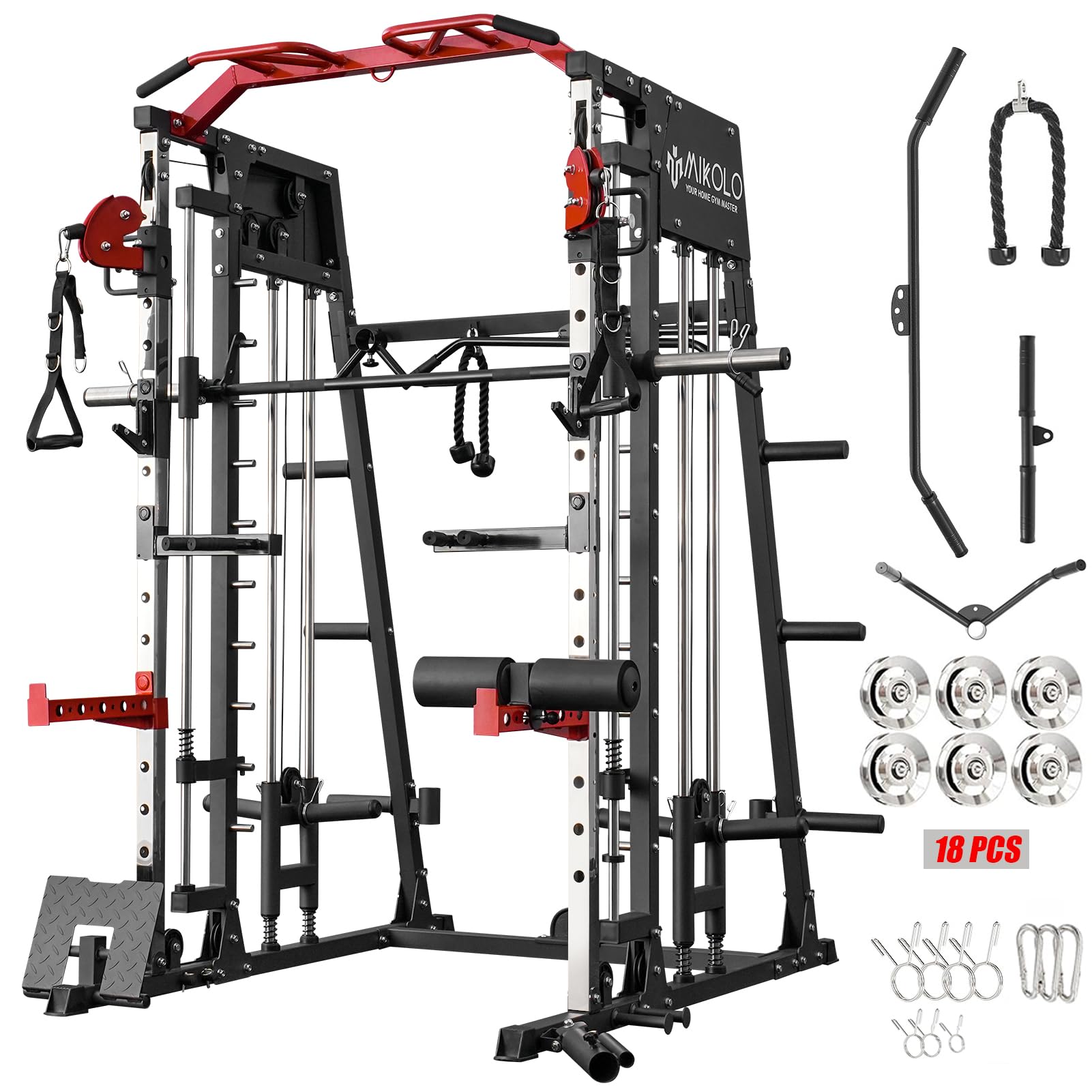 Mikolo Smith Machine - 2200lbs Heavy Duty Squat Rack with LAT Pulldown & Cable Crossover System, Full-Body Gym Equipment with Leg Hold-Down Attachment for Home & Commercial Strength Training