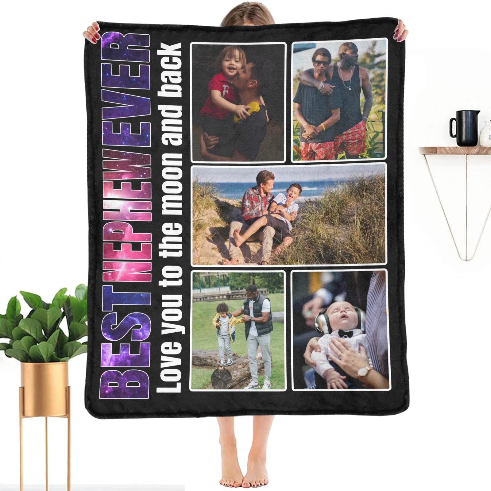 Custom Photo Blanket for Nephew - Personalized Throw Blanket with 5-Picture Collage | Made in USA | Perfect Birthday, Christmas Gift for Boys & Kids | Cozy Bedroom, Nursery Decor