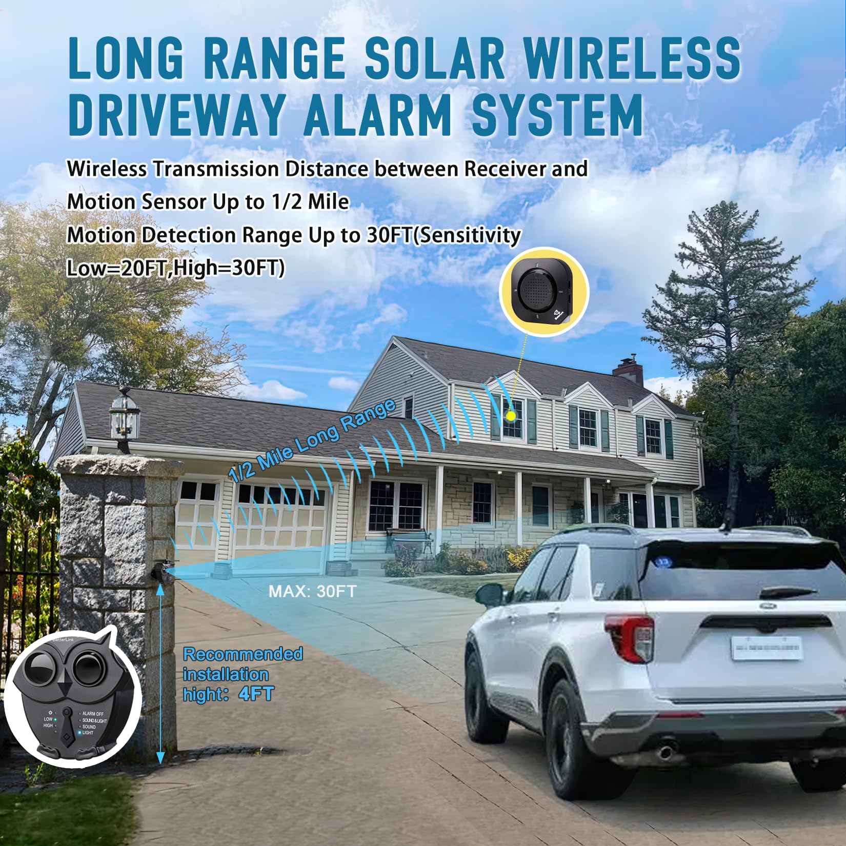 1/2 Mile Long Range Solar Wireless Driveway Alarm System - IP65 Weatherproof Outdoor Motion Detectors & Sensor with 120dB Sound Alert - Home Security System for Property Protection (2 Receivers + 2 Sensors) - Perfect for Driveways, Garages, Farms & Backyard Security