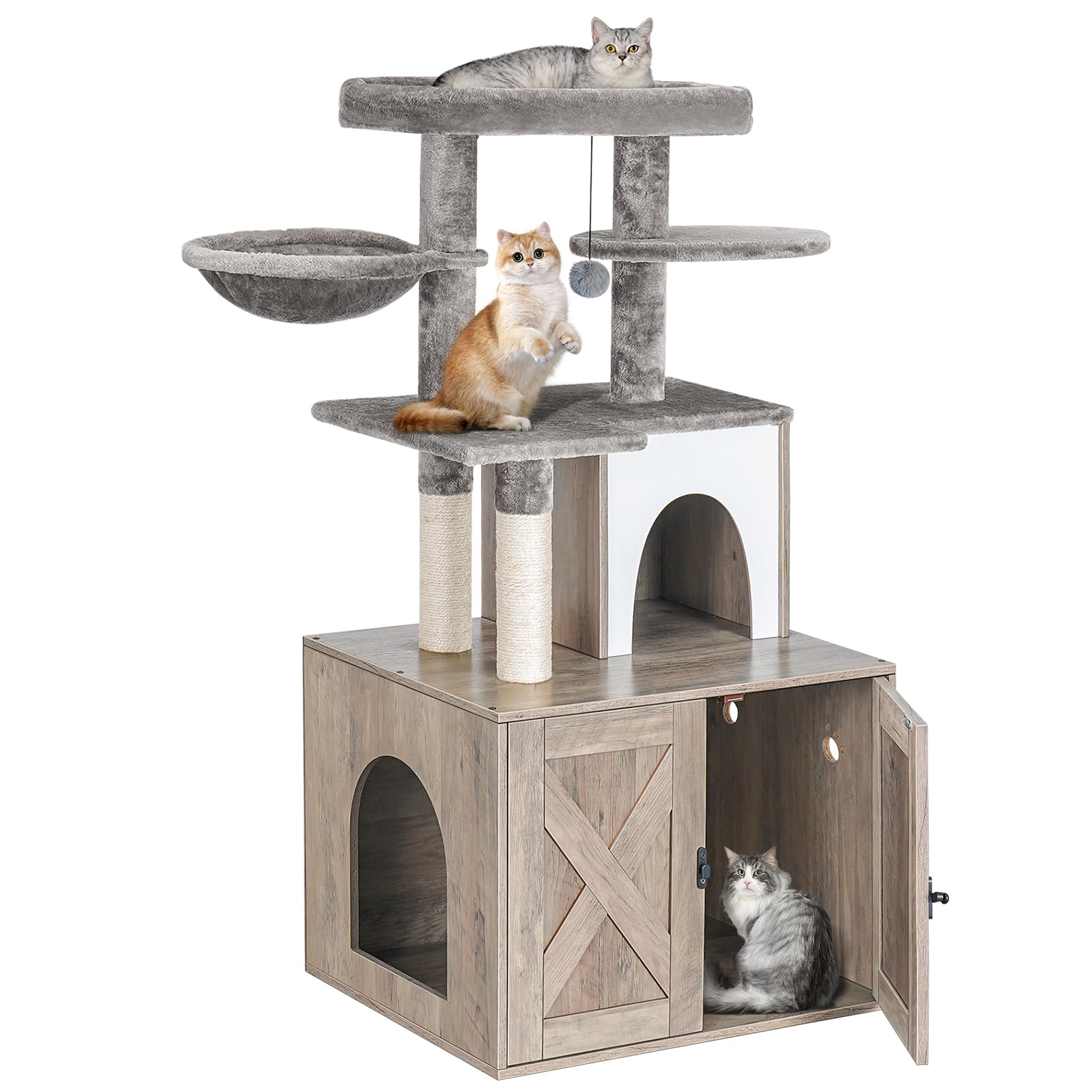 Snughome Wooden Cat Litter Box Enclosure with Tree Tower & Condo - Hidden Washroom Furniture with Sisal Scratching Post, Soft Plush Perch & Multi-Level Platforms - Grey Cat Furniture for Home Decor & Pet Comfort