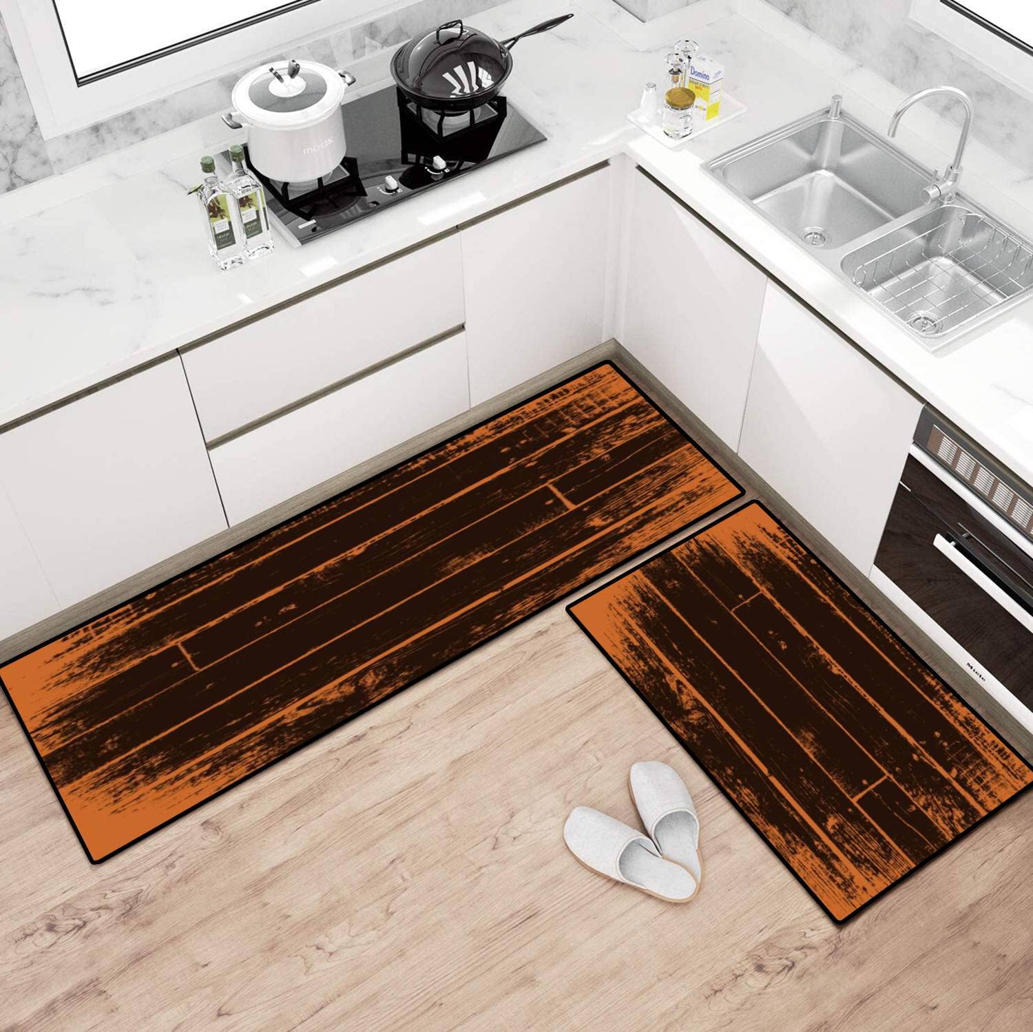 Non-Slip Washable Kitchen Rugs Set - Wooden Texture Floor Mats for Kitchen, Bathroom & Entryway - Comfort Standing Mats for Home Decor & Safety