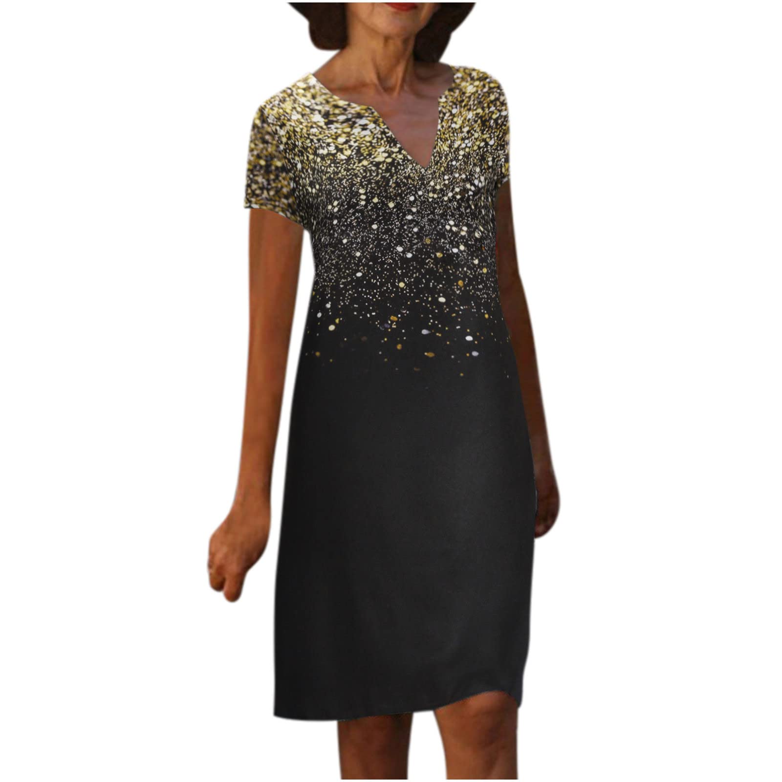 FAVIPT Vintage Summer Dresses for Women 2023 - Short Sleeve V-Neck Shift Dress for Wedding Guest, Beach & Casual Wear - Knee Length Sundress for Outdoor Parties, Vacation & Summer Events