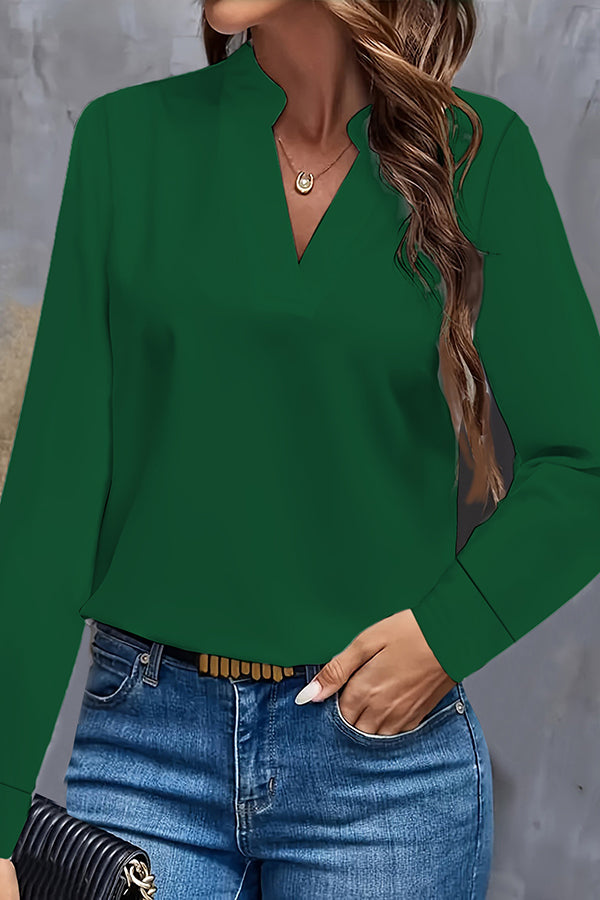 Solid Color Loose V-Neck Long Sleeve Casual Shirt for Women - Comfortable Everyday Wear, Office Outfits & Weekend Style
