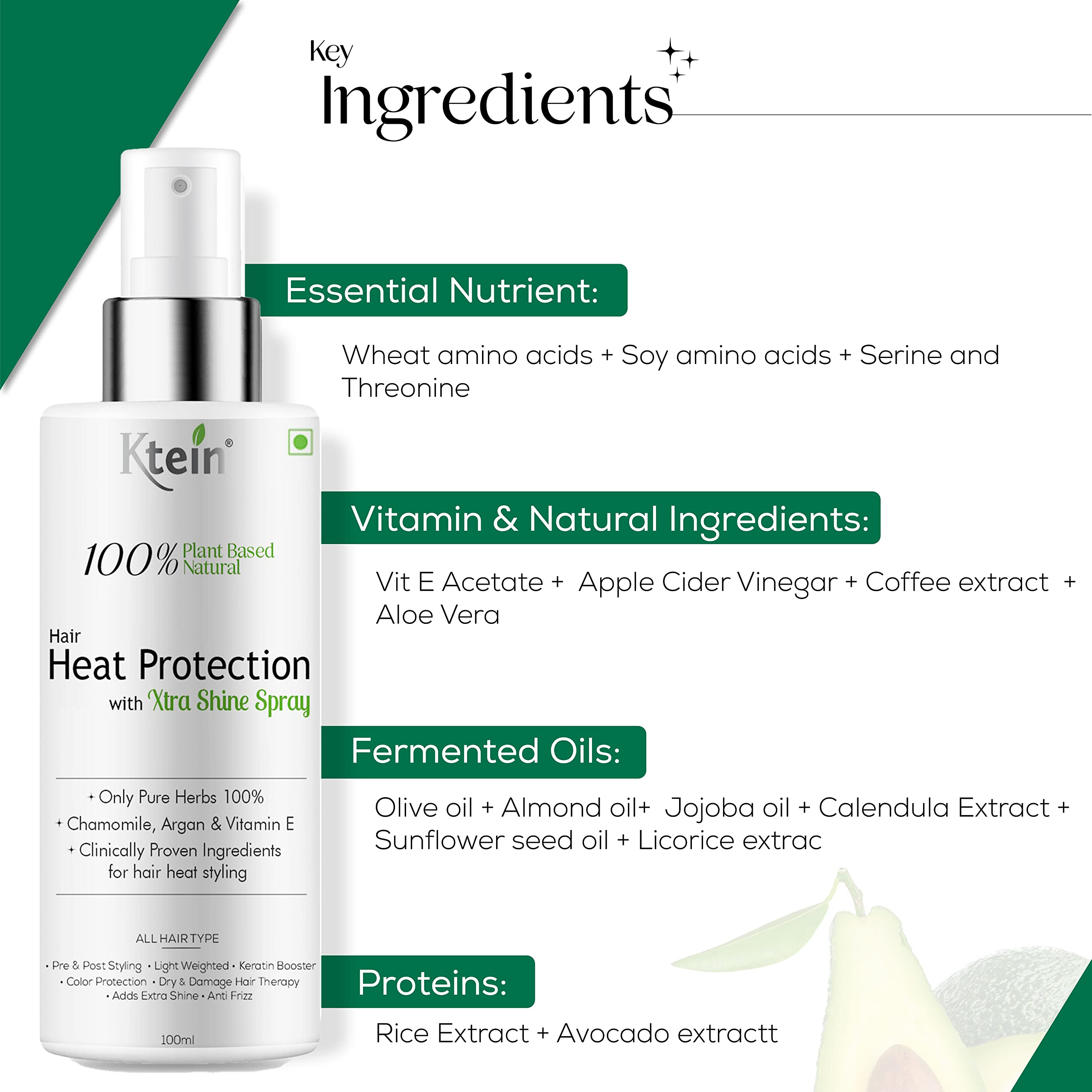 100% Plant Based Hair Heat Protection Spray with EXTRA SHINE - Chamomile, Argan Oil & Vitamin E (100ml) | Thermal Styling Guard for Curling Irons, Flat Irons & Blow Dryers | Vegan & Cruelty Free