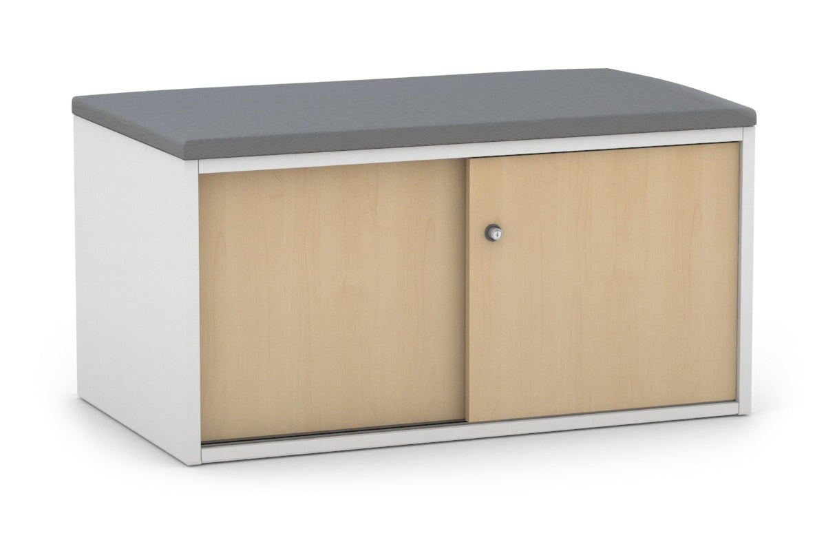 Low Profile 2-Door Sliding Credenza with Top Cushion - Modern TV Stand for Living Room, Bedroom Storage Cabinet with Smooth Gliding Doors