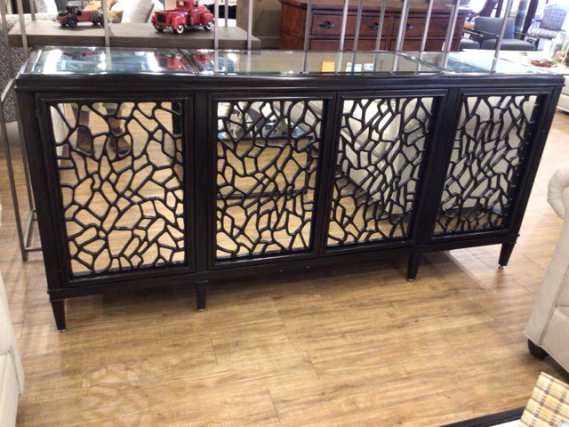 Vintage Judith Norman Espresso Mirror Top Buffet with Distressed Finish - Antique Wooden Sideboard for Dining Room, Living Room & Entryway Decor