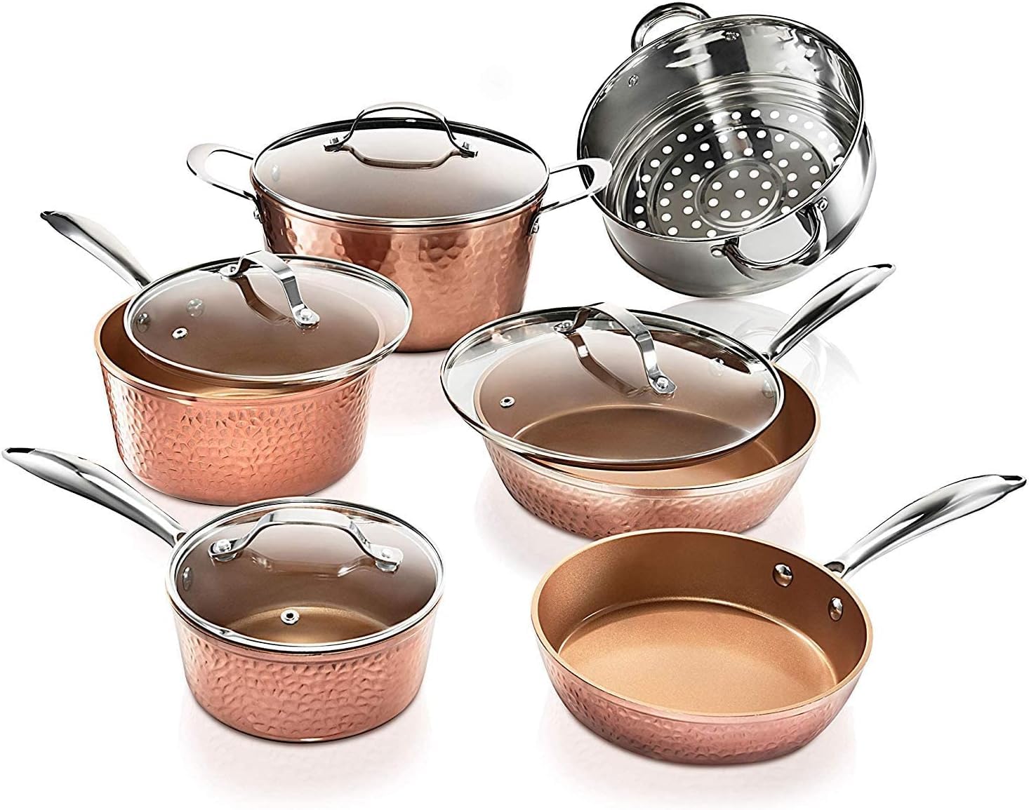 Gotham Steel Hammered Copper 10-Piece Non-Toxic Ceramic Cookware Set - Induction Compatible Pots & Pans, Oven & Dishwasher Safe - Perfect for Home Cooking, Baking & Family Meals