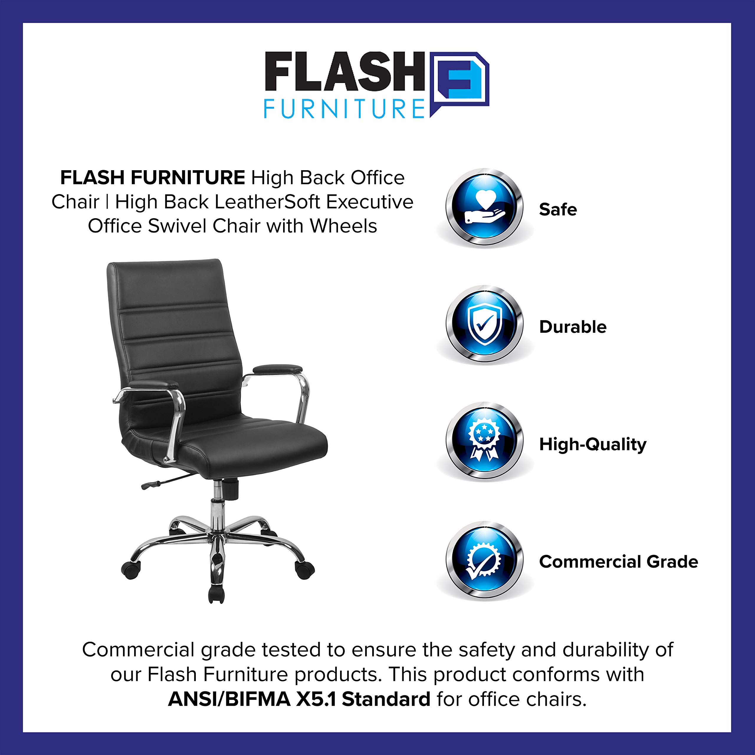 Whitney High-Back LeatherSoft Office Chair - Adjustable Swivel Desk Chair with Armrests, Black/Chrome - Perfect for Home & Office Workspaces