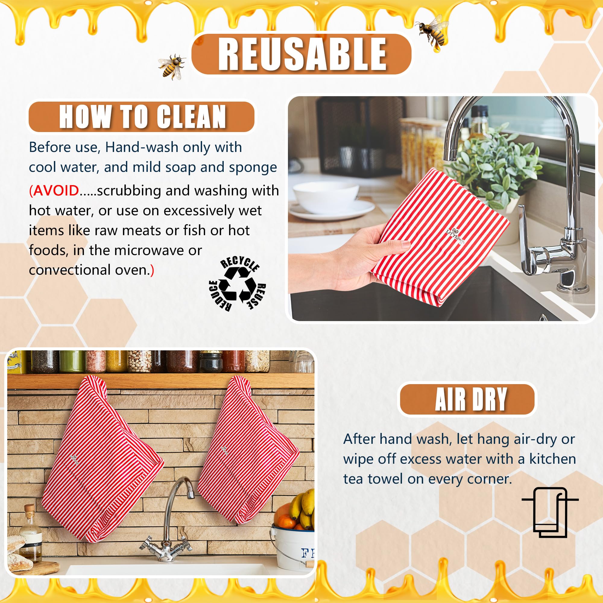 Eco-Friendly Reusable Beeswax Bread Bags Set of 2 Sizes (13x13 & 15x9 inches) - 6 Themed Food Storage Wraps for Homemade & Store-Bought Bread - Perfect for Picnics, Lunchboxes & Sustainable Kitchen Use - Stripey Red Design