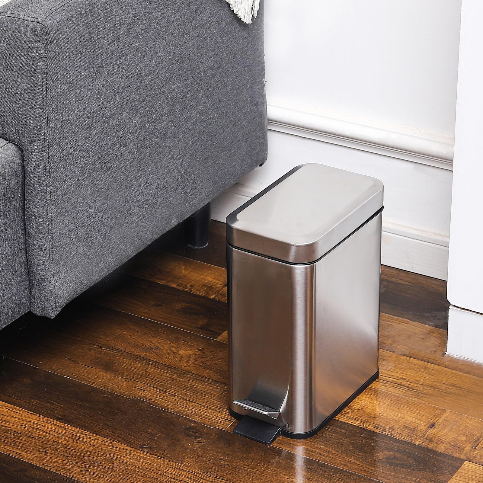 Stainless Steel Rectangular Trash Can with Lid - 5L Small Slim Step Pedal Garbage Bin, 1.3 Gallon Dog Proof Waste Basket for Bathroom, Bedroom, Kitchen & Office - Soft Close, Silver | Space Saving & Odor Control Solution
