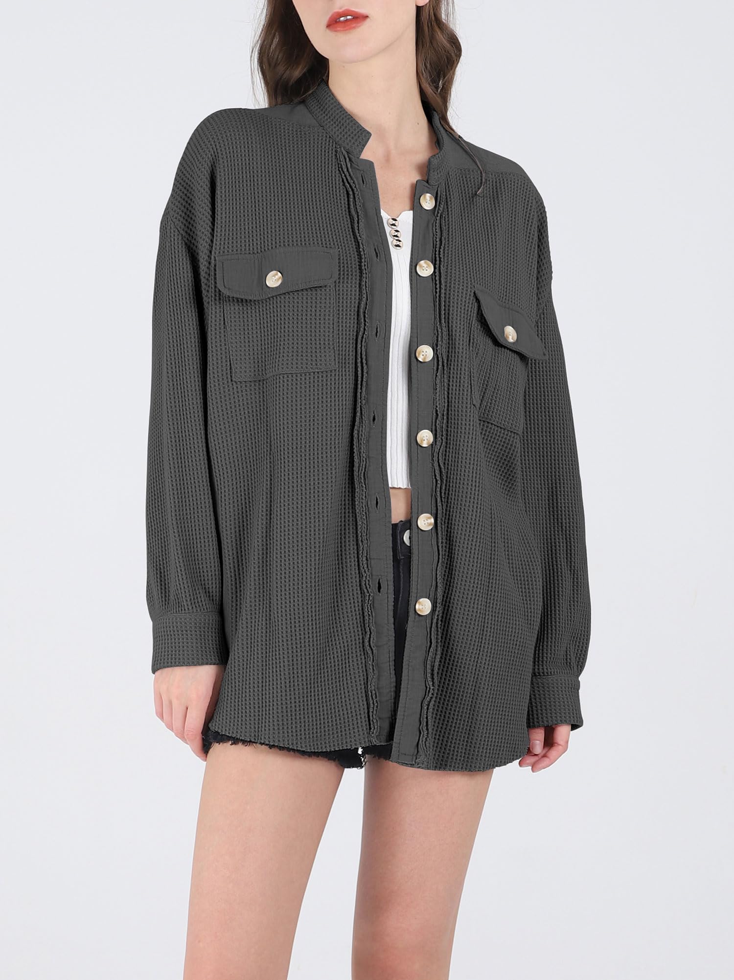Women's Loose Fit Batwing Sleeve Waffle Knit Button Down Shirt Shacket Tops - Casual Fall Layering Piece for Work & Weekend Outfits