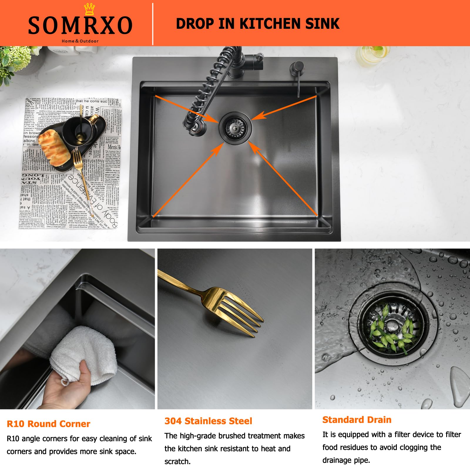 25x22 Inch Drop-In Kitchen Sink - 16 Gauge Gunmetal Black Stainless Steel Single Bowl Top Mount Sink, 10 Inch Deep Workstation Sink for Modern Kitchens | Perfect for Food Prep, Dishwashing & Entertaining