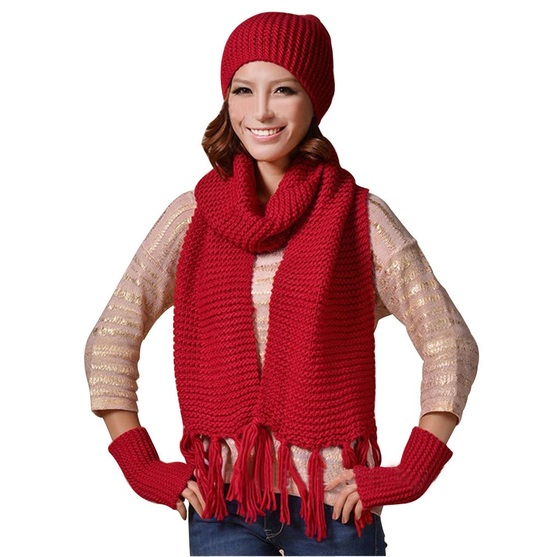 Women's Winter Knit Beanie Scarf Gloves Set - Warm Ski Hat & Accessories for Cold Weather - Perfect for Skiing, Snowboarding & Outdoor Activities (Red)
