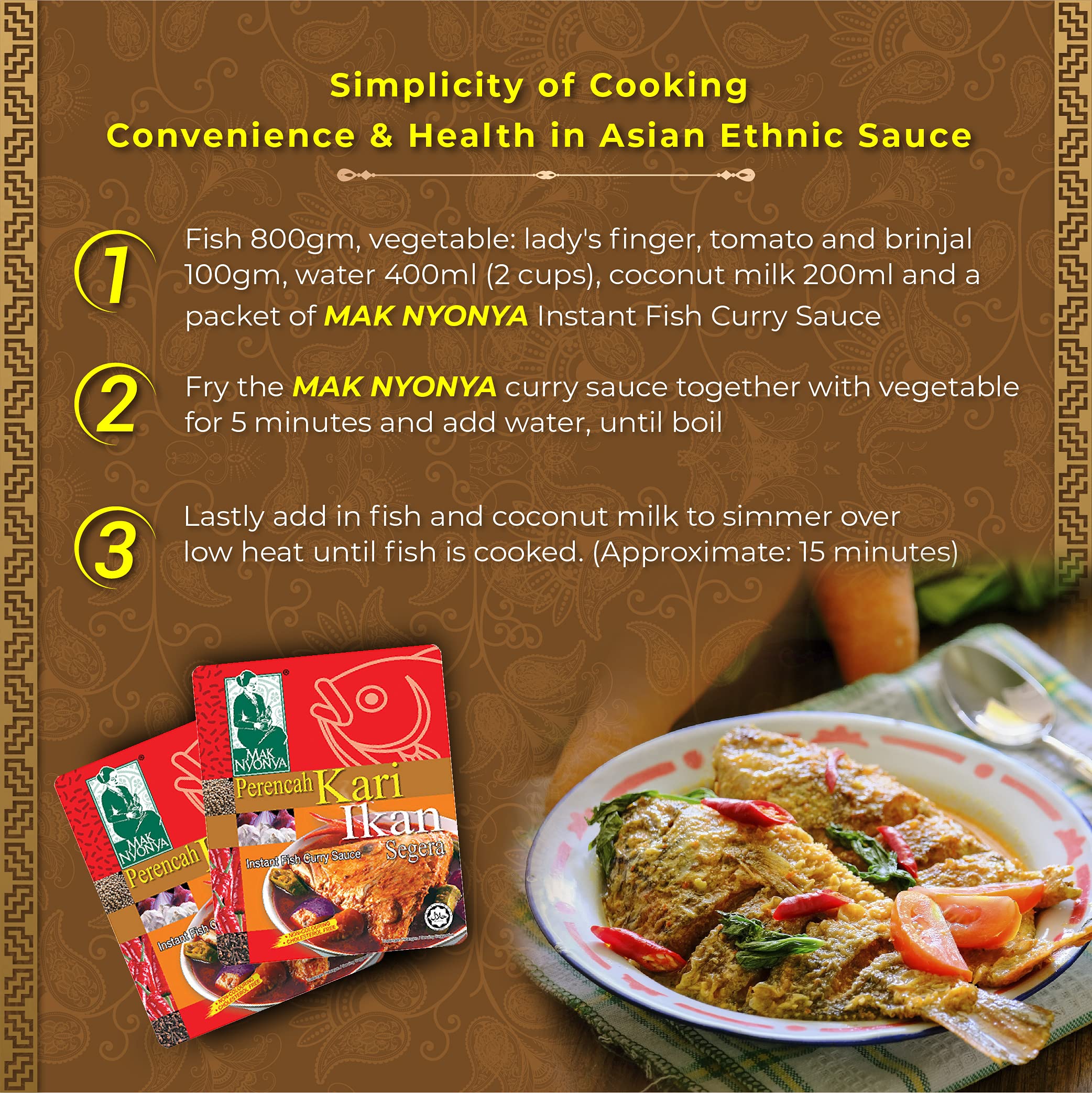 Authentic Mak Nyonya Instant Fish Curry Sauce - Hot & Spicy Asian Cooking Paste | Cholesterol Free, Trans Fat Free, No Food Coloring | Ready to Cook Malaysian Curry | Pack of 2 (7oz Each) - Perfect for Quick Meals, Seafood Dishes & Asian Cuisine