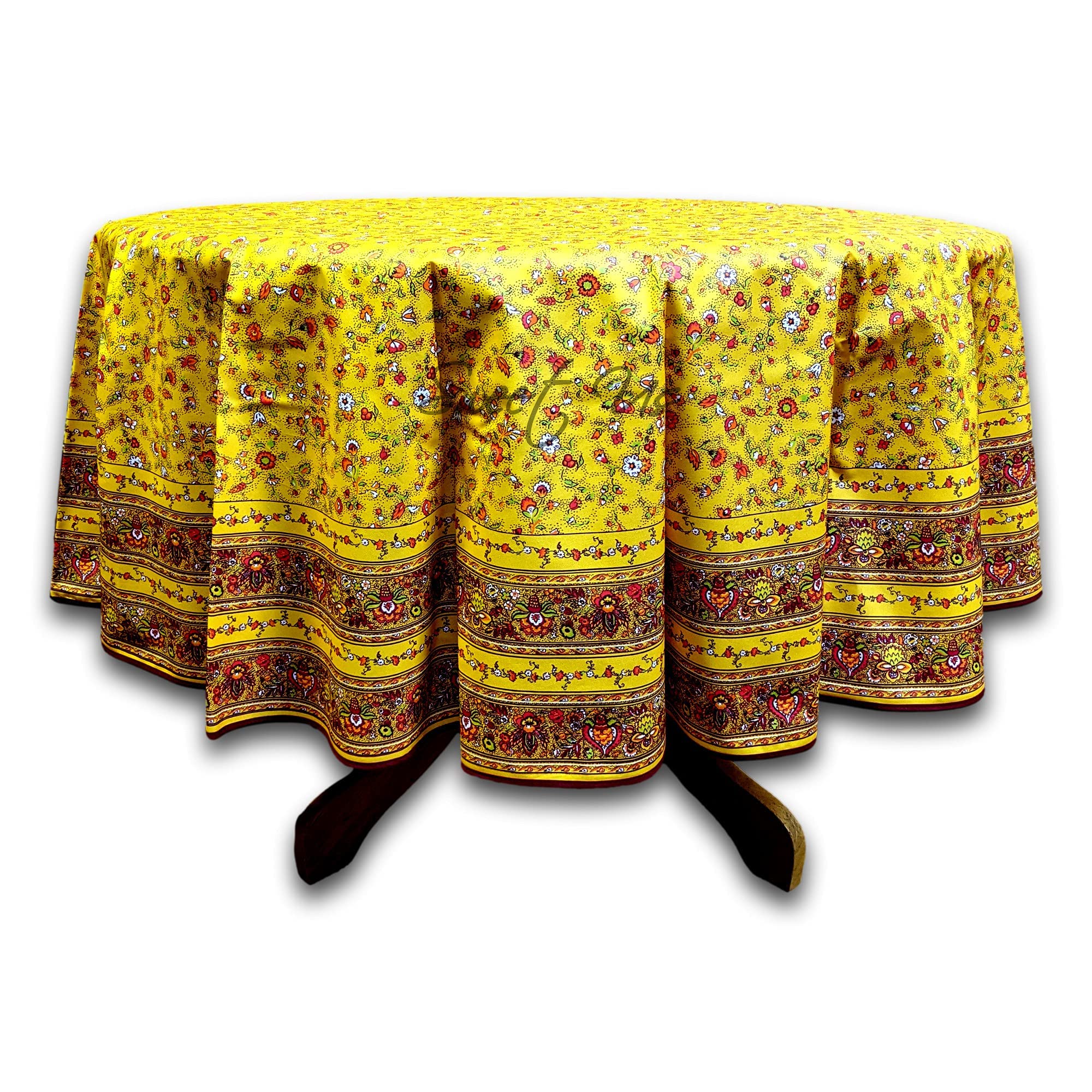 Spill-Resistant Wipeable Acrylic Coated Floral Cotton Tablecloth - French Provencal Style Round Table Cover 71 Inch, Yellow | Perfect for Kitchen, Dining Room & Outdoor Picnics