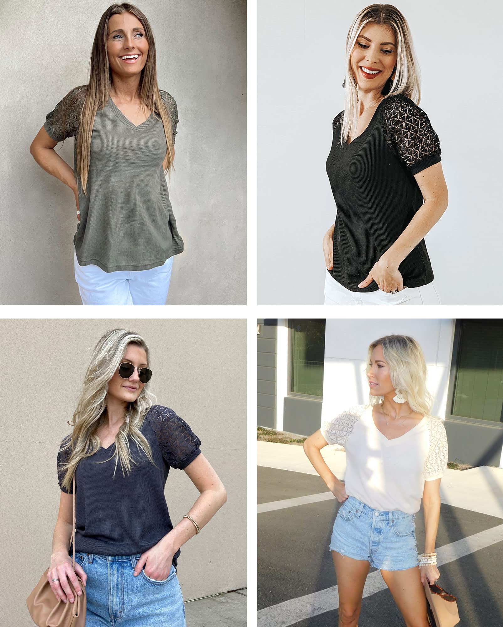 MEROKEETY Women's Summer Lace Short Sleeve V-Neck Blouse - Loose Casual Waffle Knit Top for Beach, Vacation & Everyday Wear