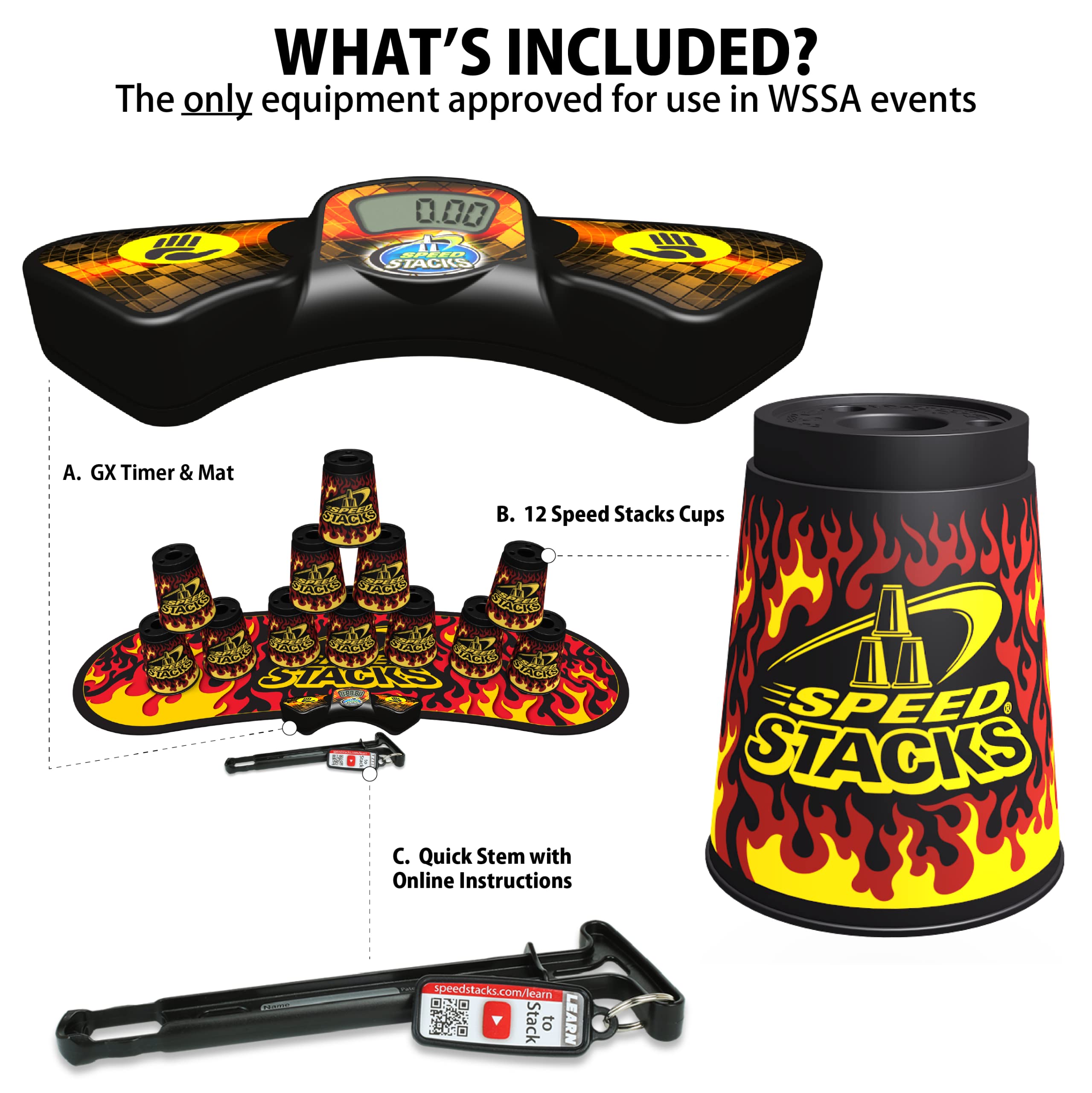 Speed Stacks Competitor - Black Flame | 12 Cups with GX Timer and Mat | Sport Stacking Game for Kids & Adults | Perfect for School PE, Family Fun & Speed Stacking Competitions