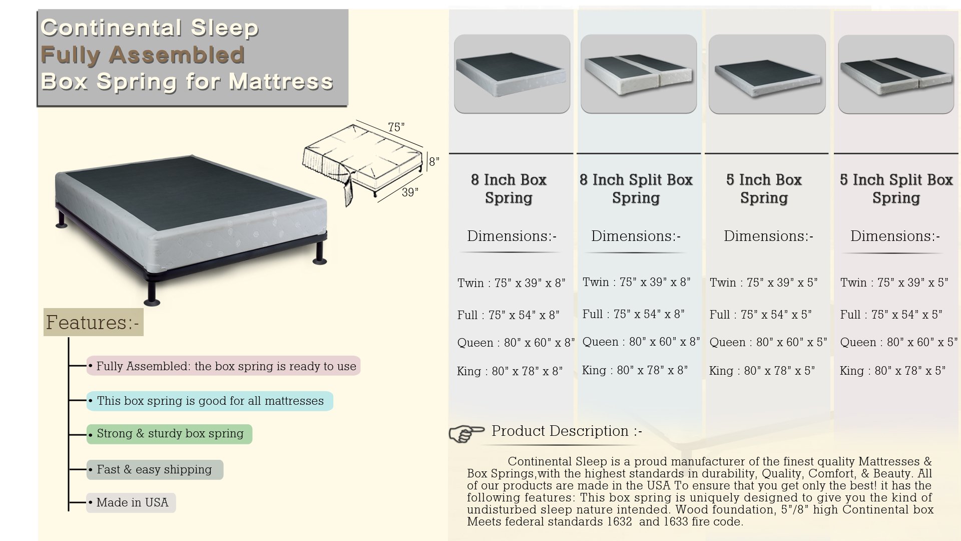 8-Inch Wood Traditional Box Spring/Foundation for King Size Mattress Set - Sturdy Support, Beige - Perfect for Bedroom, Guest Room, and Dormitory Use