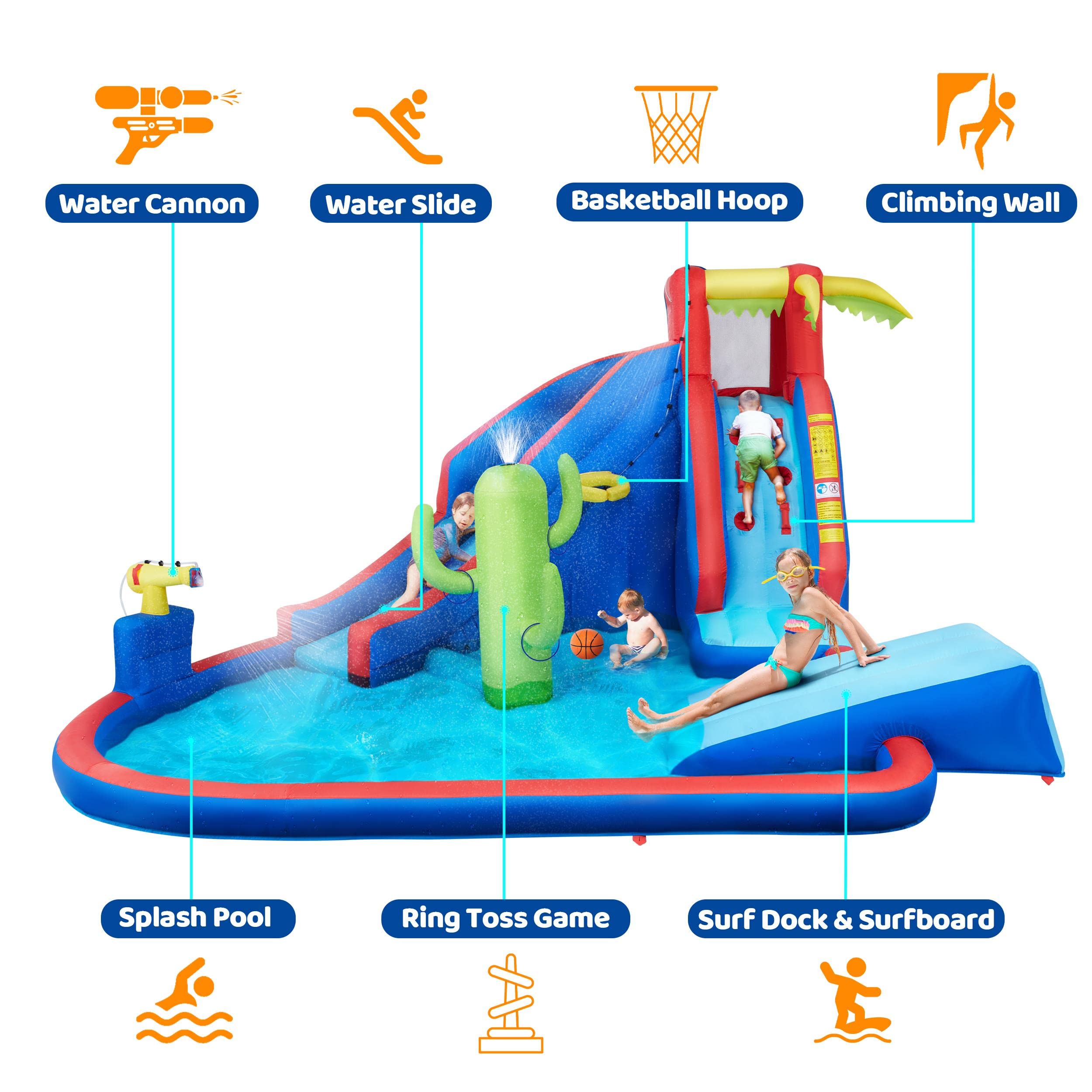 Yaheetech Inflatable Water Slide Park for Kids Ages 3-10 - Outdoor Bounce House with Splash Pool, Water Cannon, Basketball Hoop & Climbing Wall | Summer Backyard Water Play for Parties, Family Fun & Outdoor Activities