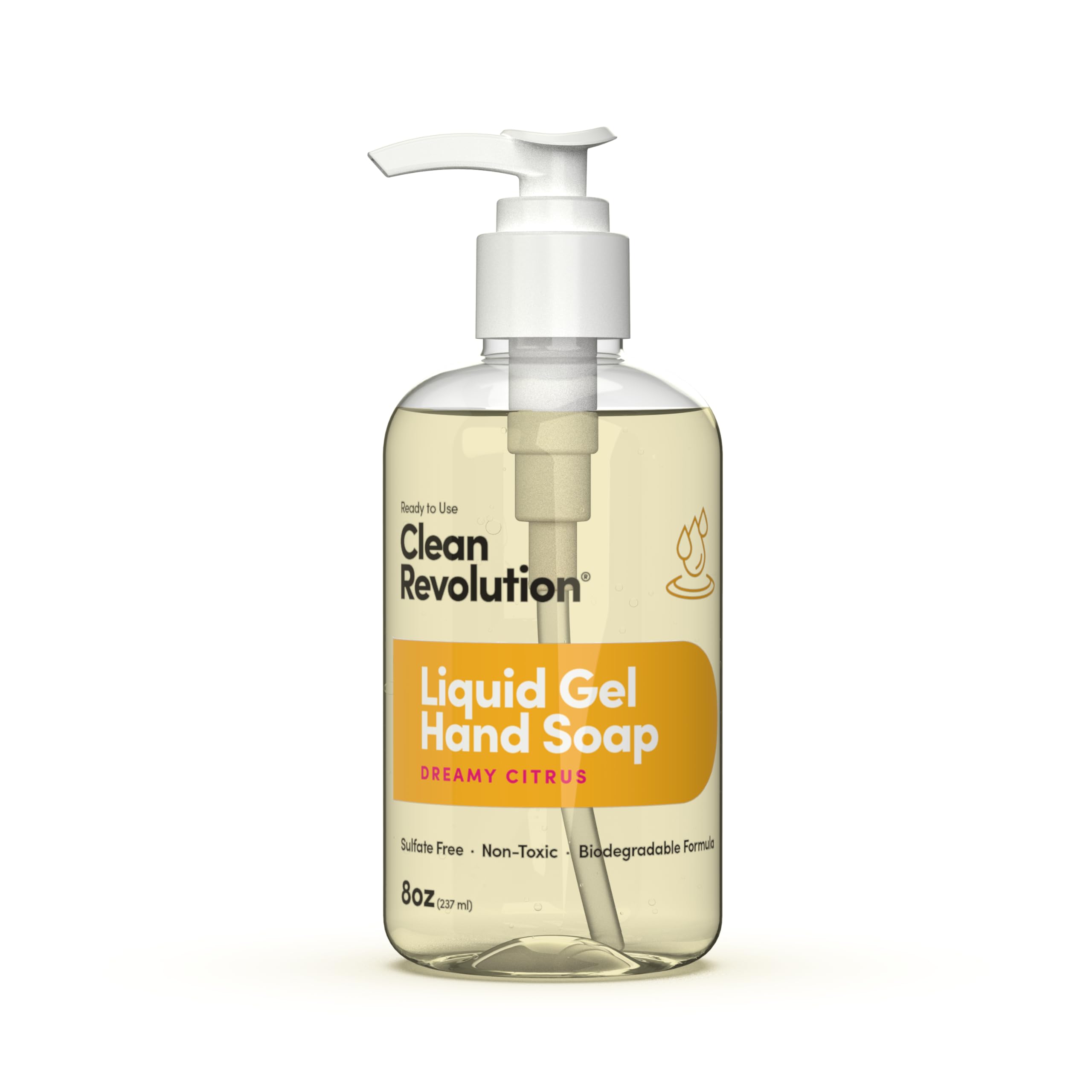 Clean Revolution Liquid Gel Hand Soap with Real Essential Oils - Silky Rich Formula, Quick Lather & Fast Rinsing, Dreamy Citrus Scent (8 Fl Oz) | Gentle Cleansing for Kitchen, Bathroom & Office Use