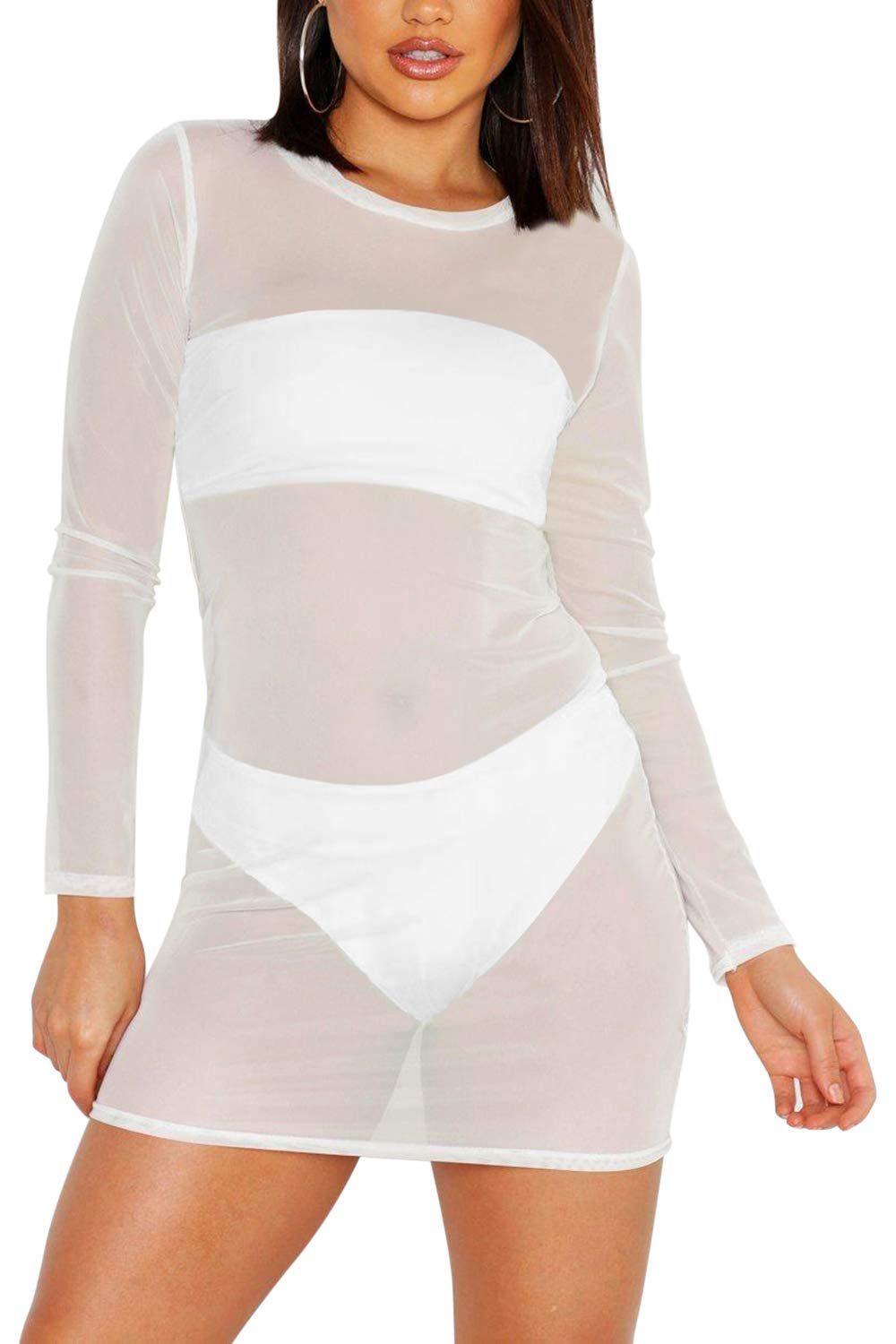 COCOLEGGINGS Women's Sheer Mesh Long Sleeve Beach Cover Up Dress - Sexy Swimwear Coverup for Pool, Vacation & Summer Outfits