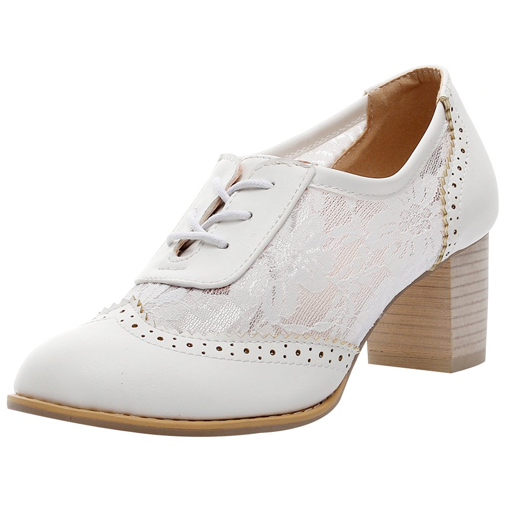 ANUFER Women's Elegant Lace Bridal Wedding Shoes - Block Heel Oxfords Dress Shoes for Bride, Prom, Party & Formal Occasions