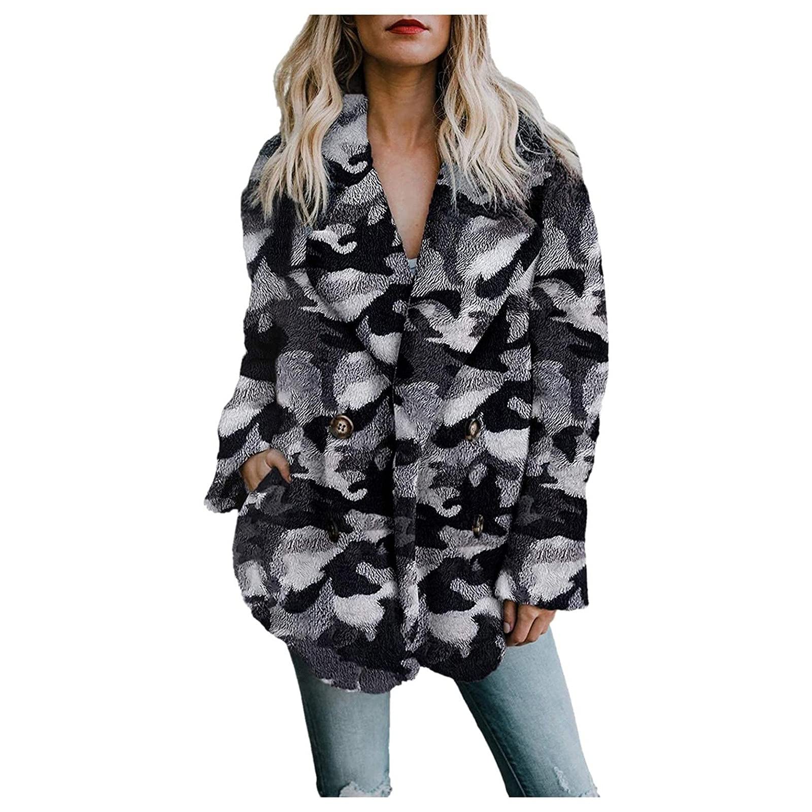 Women's Winter Fleece Coat with Pockets - Fashion Tie-Dye Lapel Plush Jacket | Warm Button-Up Sweatshirt for Cold Weather | Perfect for Outdoor Activities, Work Commute & Casual Wear