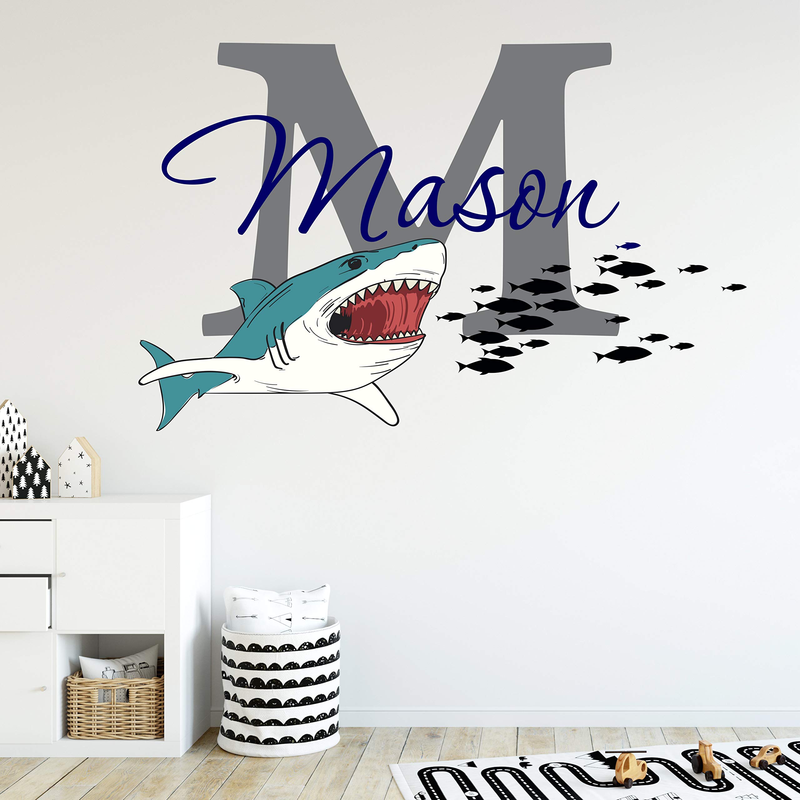 Personalized Boys Nursery Great White Shark Wall Decal - Custom Name & Initial Vinyl Wall Stickers for Kids Room Decor (Large Size) - Perfect for Shark Themed Bedrooms, Playrooms & Birthday Party Decorations