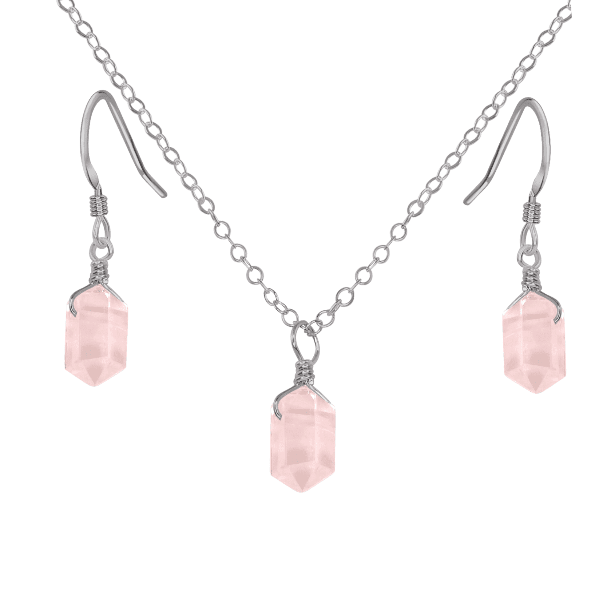 Rose Quartz Double Terminated Crystal Jewelry Set - Healing Stone Necklace & Earrings for Women - Perfect for Meditation, Energy Healing & Spiritual Gifts