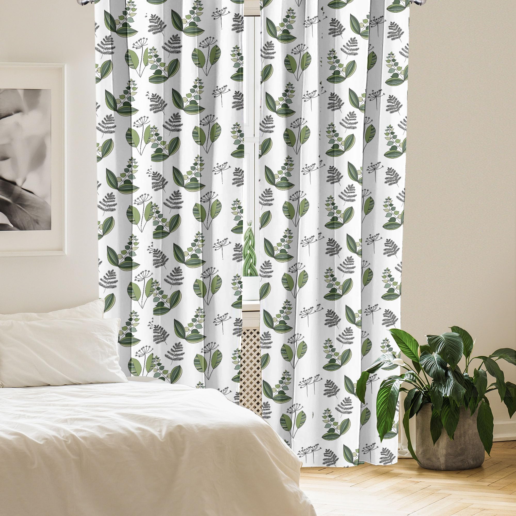 Ambesonne Scandinavian Window Curtains - Lightweight Olive Green & White Floral 2-Panel Set with Rod Pocket, 28