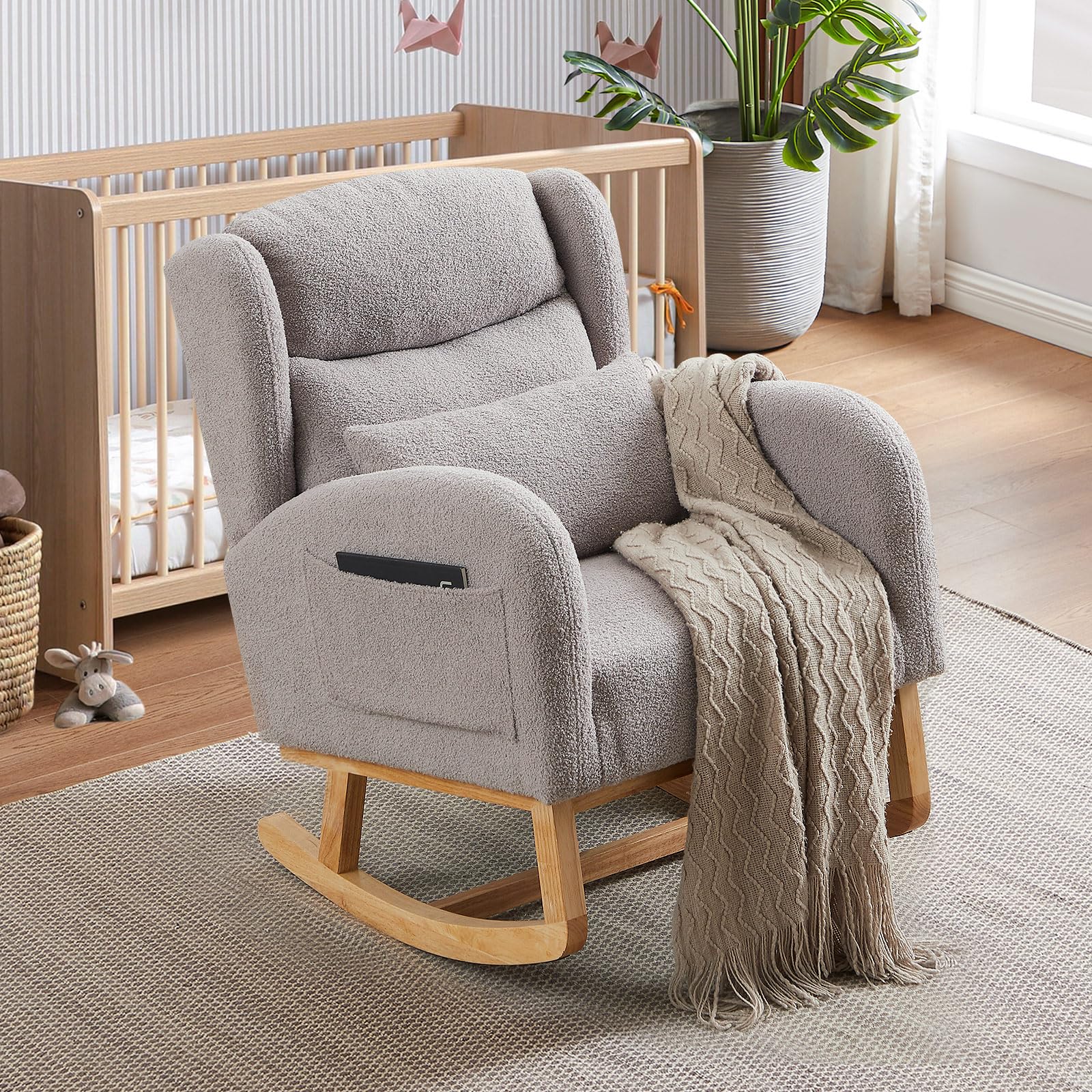 Antetek Modern Grey Teddy Upholstered Nursery Rocking Chair - High Backrest Wingback Accent Armchair with Lumbar Support - Perfect for Nursery, Living Room & Bedroom Relaxation (Grey)