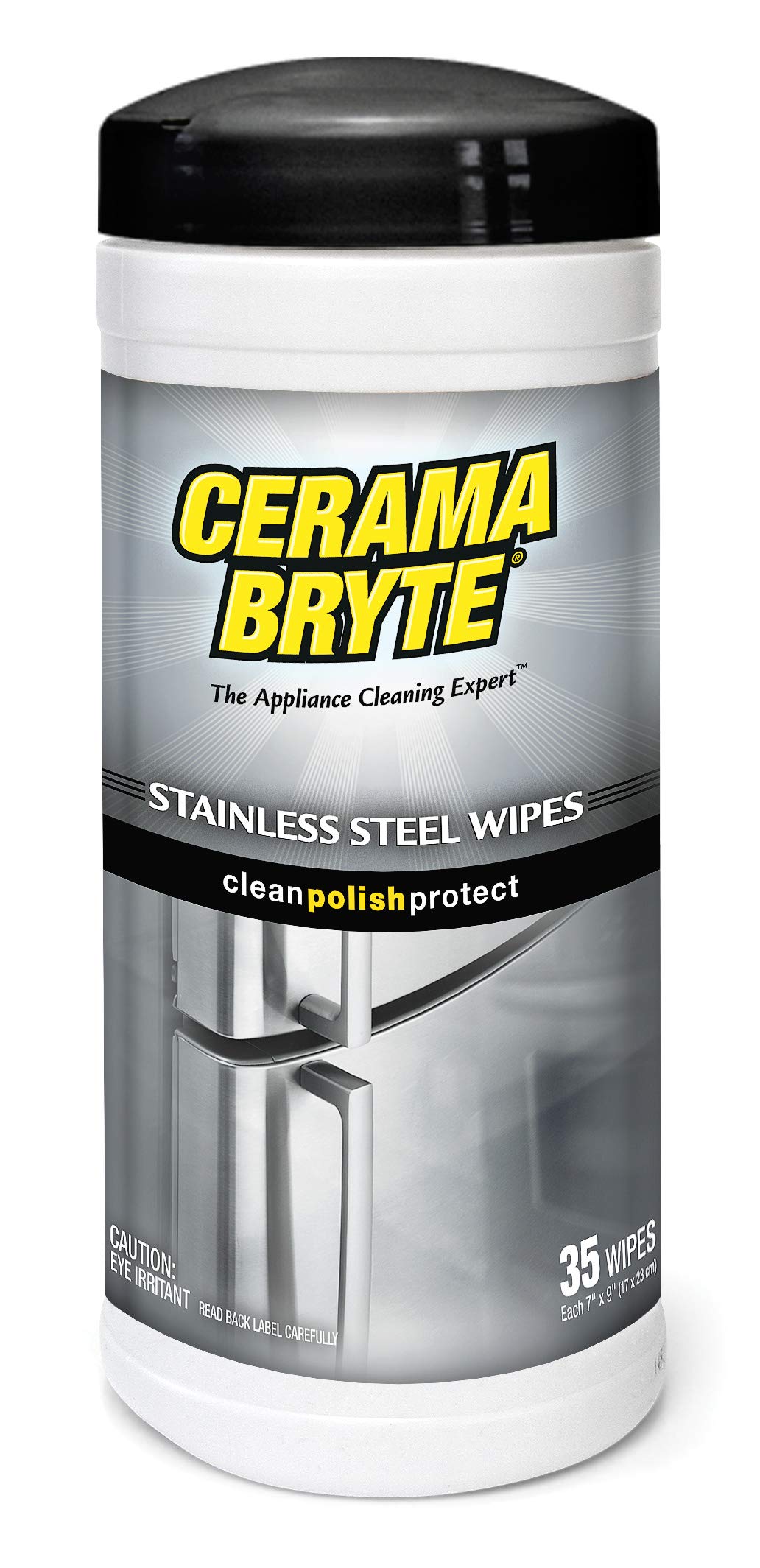 Cerama Bryte Stainless Steel Cleaner & Polish - 35 Pre-Moistened Wipes for Appliances, Sinks & Fixtures - Restores Shine & Removes Fingerprints