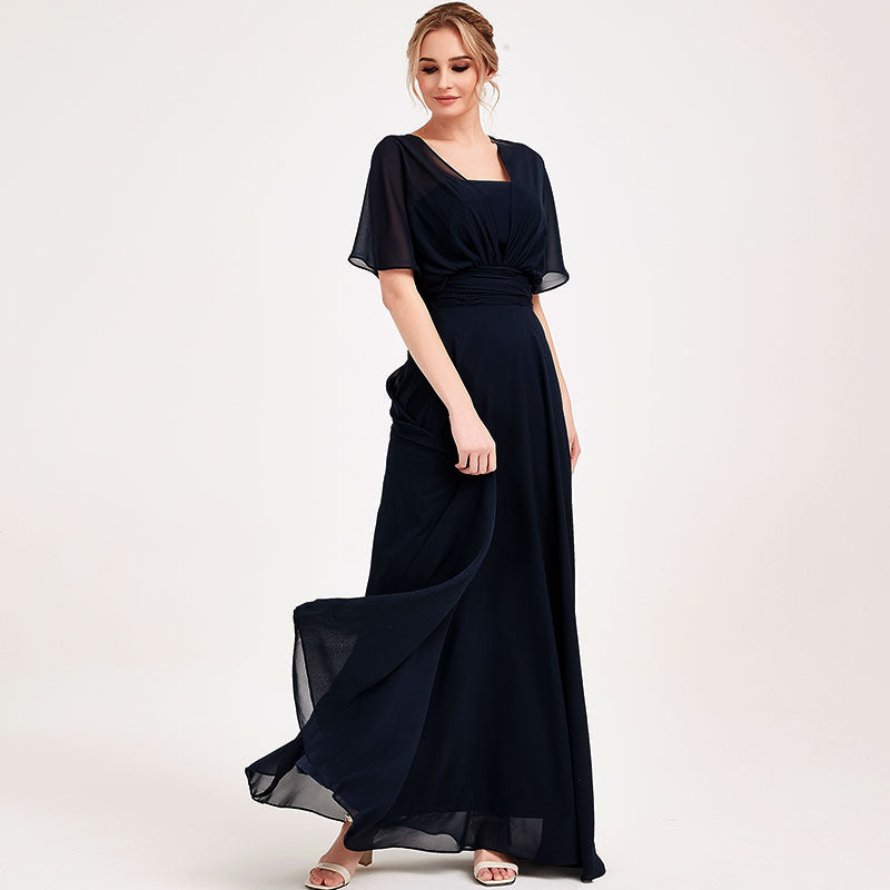 Elegant Dark Navy Convertible Chiffon Bridesmaid Dress - Wrap Style Floor Length Gown for Weddings, Prom & Formal Events