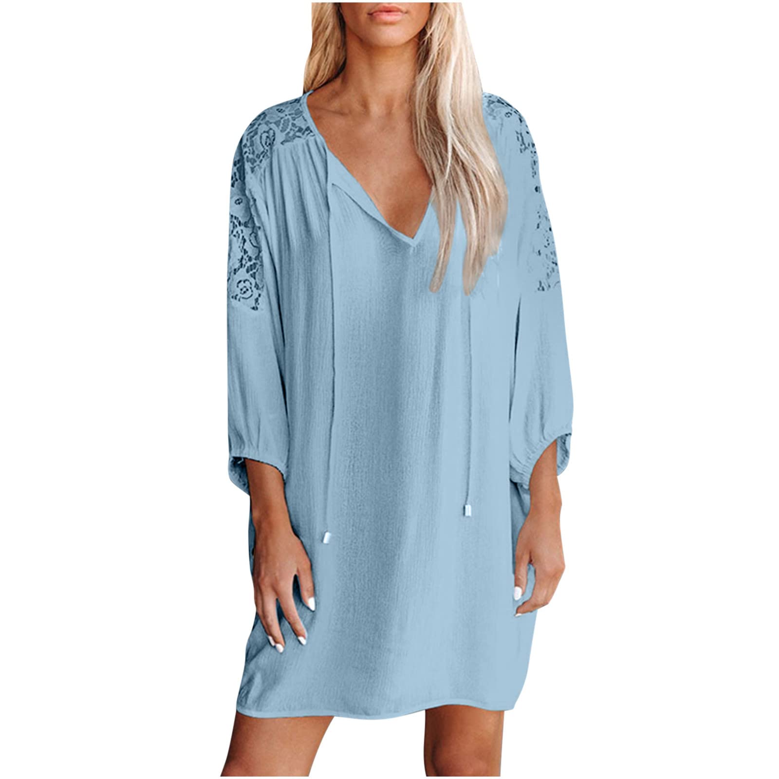 Women's Loose Lace Patchwork Babydoll Mini Dress - 3/4 Sleeve V-Neck Casual Summer Dress | Perfect for Beach Vacations, Date Nights & Brunch Outings