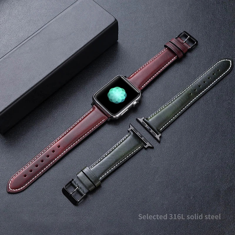 Premium Oil Waxed Genuine Leather Apple Watch Band - Durable & Stylish Replacement Strap for Workouts, Office & Everyday Wear