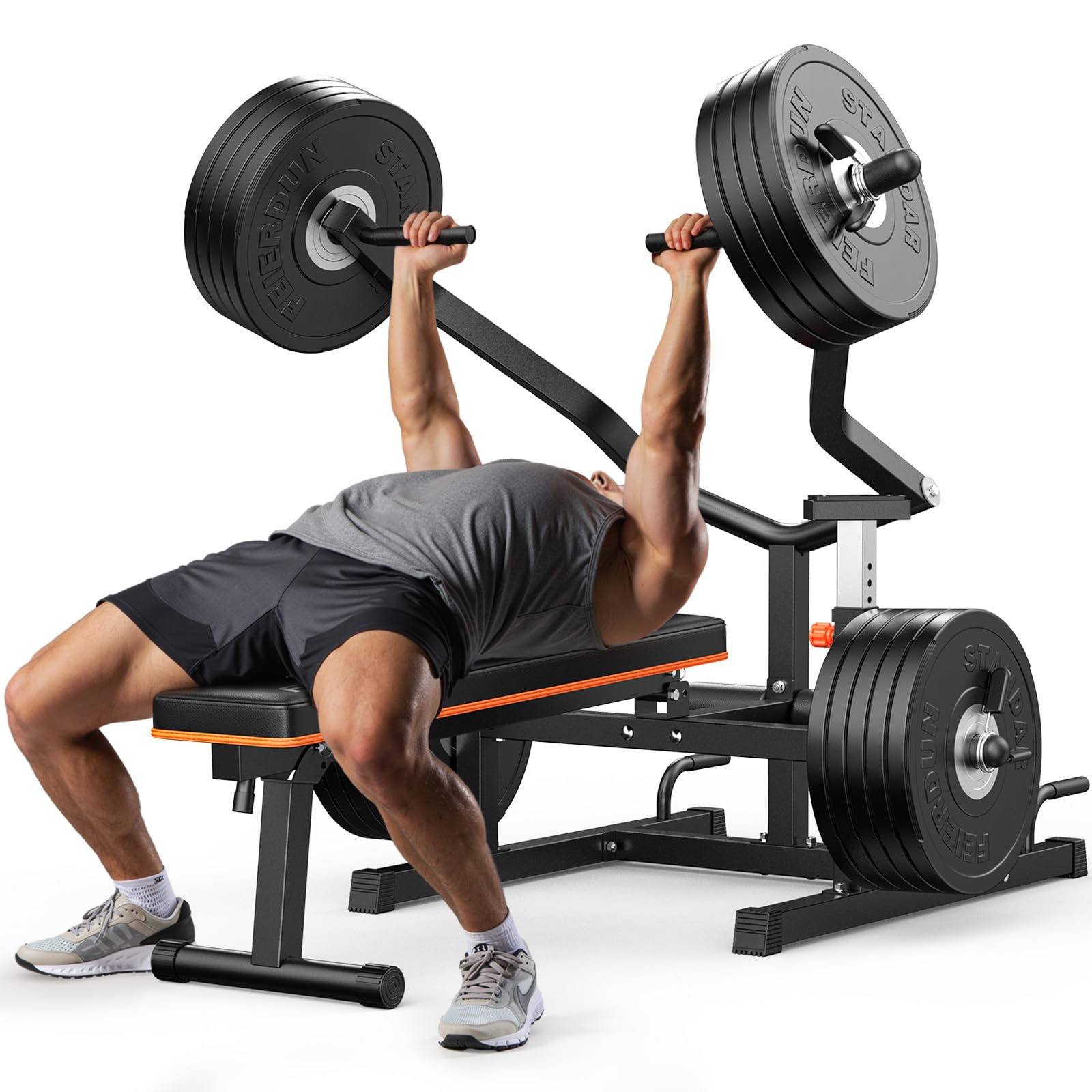 FEIERDUN 1250LBS Chest Press Machine with Independent Converging Arms - Adjustable Flat/Incline Bench for Chest, Arms & Shoulder Workouts - Home Gym Equipment for Strength Training & AB Exercises (Perfect for Small Spaces & Full-Body Workouts)