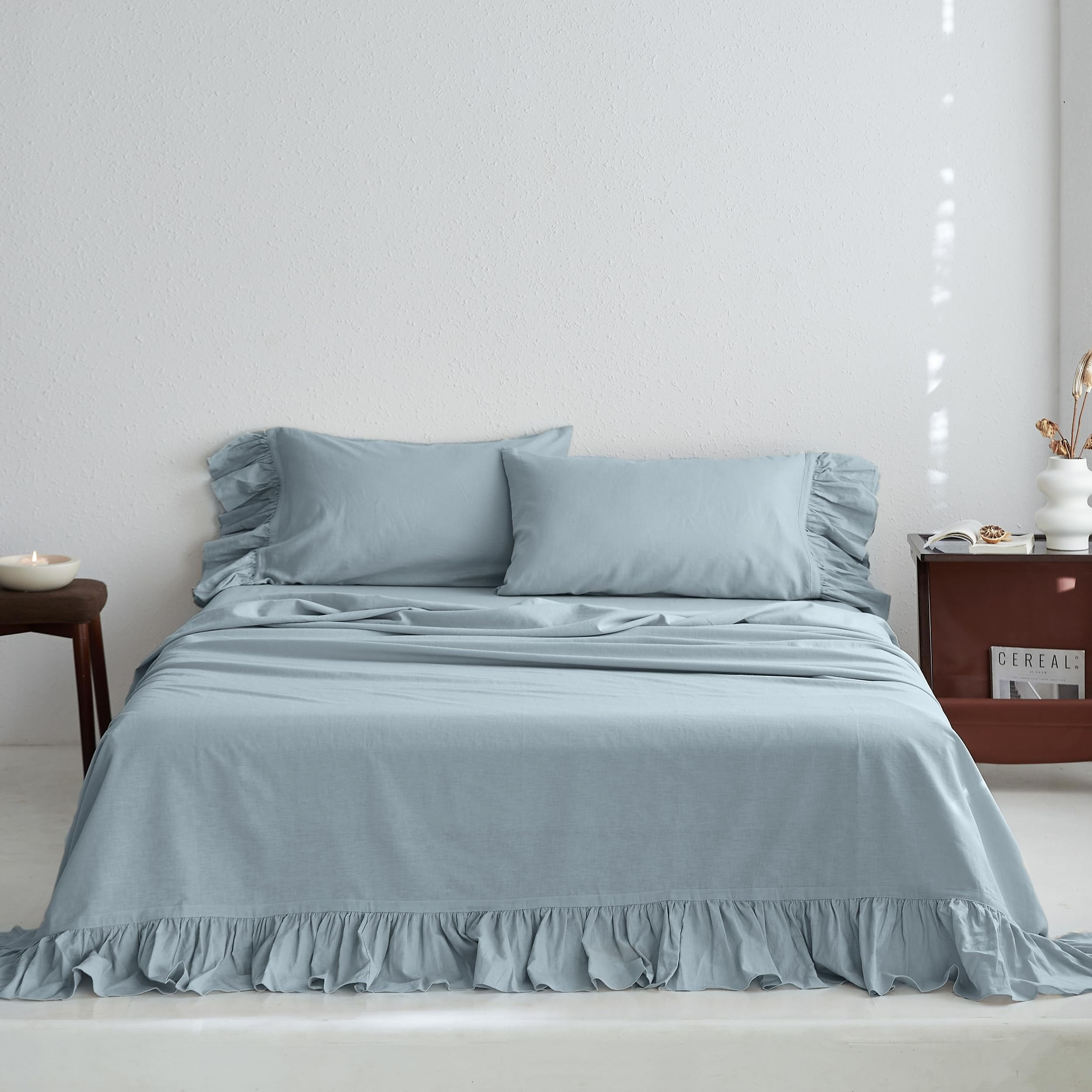Premium Belgian Linen Sheet Set 4pc - Queen Size (1 Flat Sheet, 1 Fitted Sheet & 2 Pillowcases) | Long Ruffled Dusty Blue Farmhouse Bedding | Shabby Chic Vintage Style | Perfect for Guest Rooms, Master Bedrooms & Cozy Farmhouse Decor