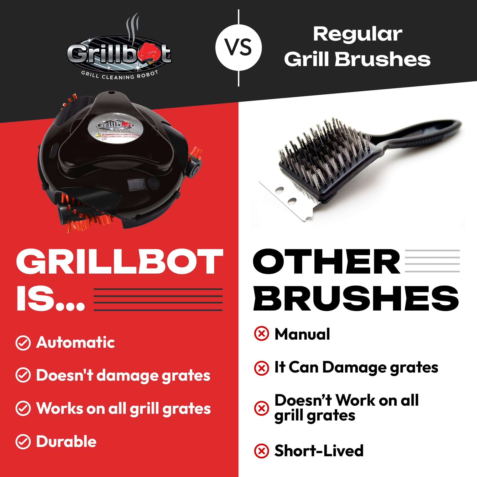 Grillbot Automatic BBQ Grill Cleaning Robot with Nylon Brushes - Electric Grill Scraper & Brush for Outdoor Cooking Accessories - Perfect for Backyard BBQs, Camping & Patio Parties (Black)