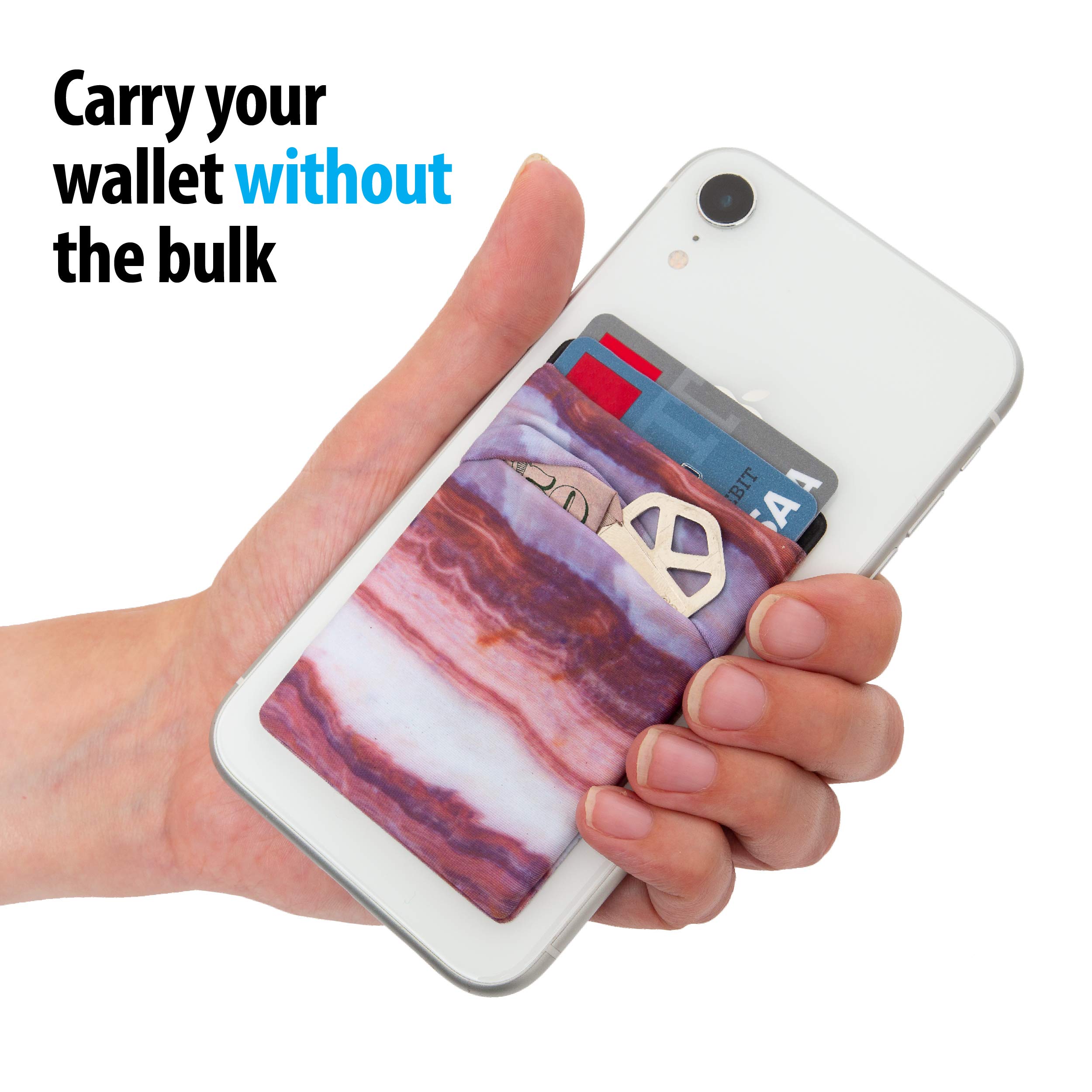 Stick-On Phone Wallet Case - Slim Card & Money Holder for iPhone & Android | Purple & Light Pink Marble Design | Hands-Free Convenience for Shopping, Travel & Daily Use