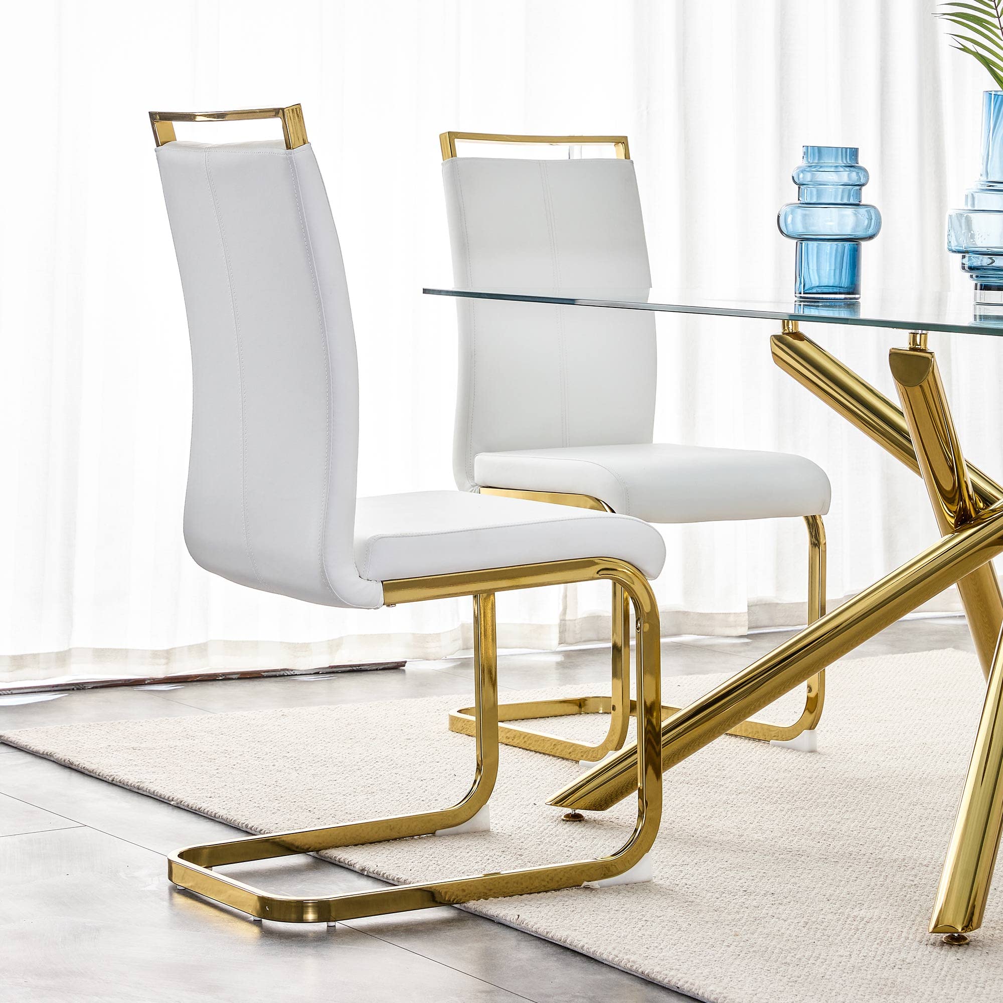 Baysitone Modern Dining Chairs Set of 4 - Gold Legs Faux Leather Padded High Back Chairs for Kitchen, Dining Room & Living Room - Elegant White Seating for Home Decor & Entertaining