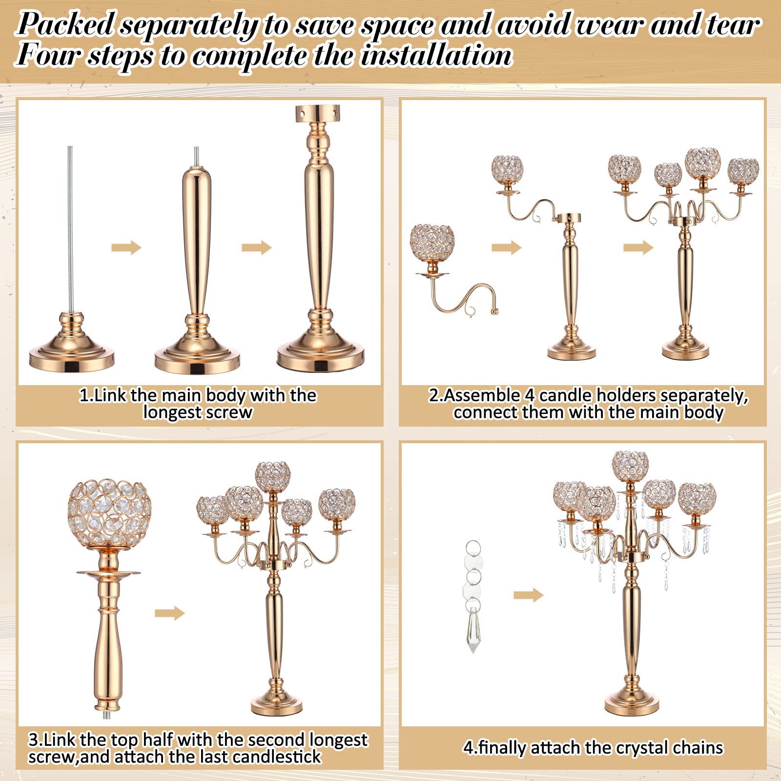 2 Pcs 29.5 Inch Gold Crystal Candelabra Centerpieces - 5 Arm Tall Candle Holders for Wedding, Party, Dinner Table Decor - Elegant Crystal Candle Holders for Formal Events, Home Dining & Holiday Decorations