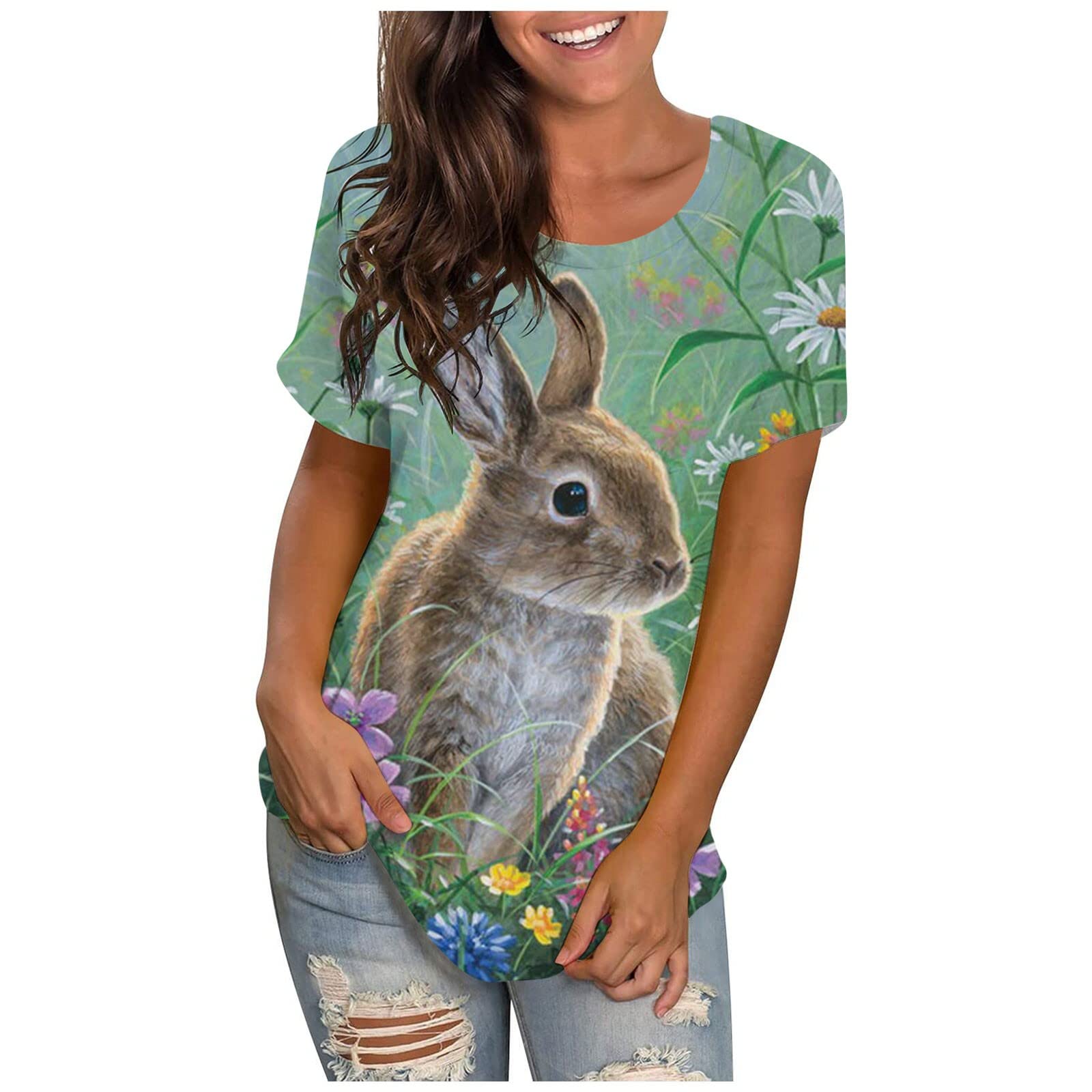 Funny Easter Egg Bunny Print Kawaii T-Shirt for Women - Cute Short Sleeve Crewneck Top for Easter, Spring Outfits & Casual Wear