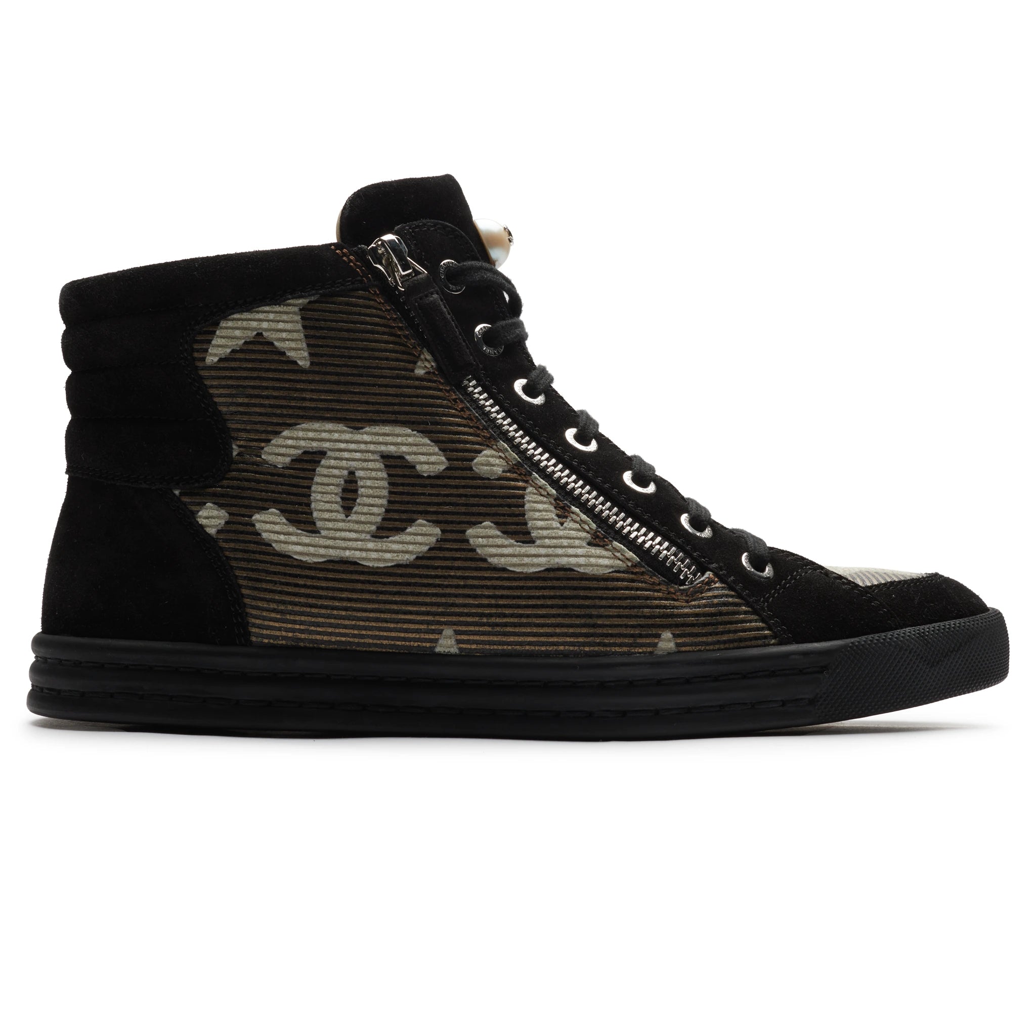 Chanel CC Star Suede Mesh Black High Top Sneakers - Authentic Pre-Owned Luxury Shoes for Women | Perfect for Casual Outfits, Street Style & Fashion Events