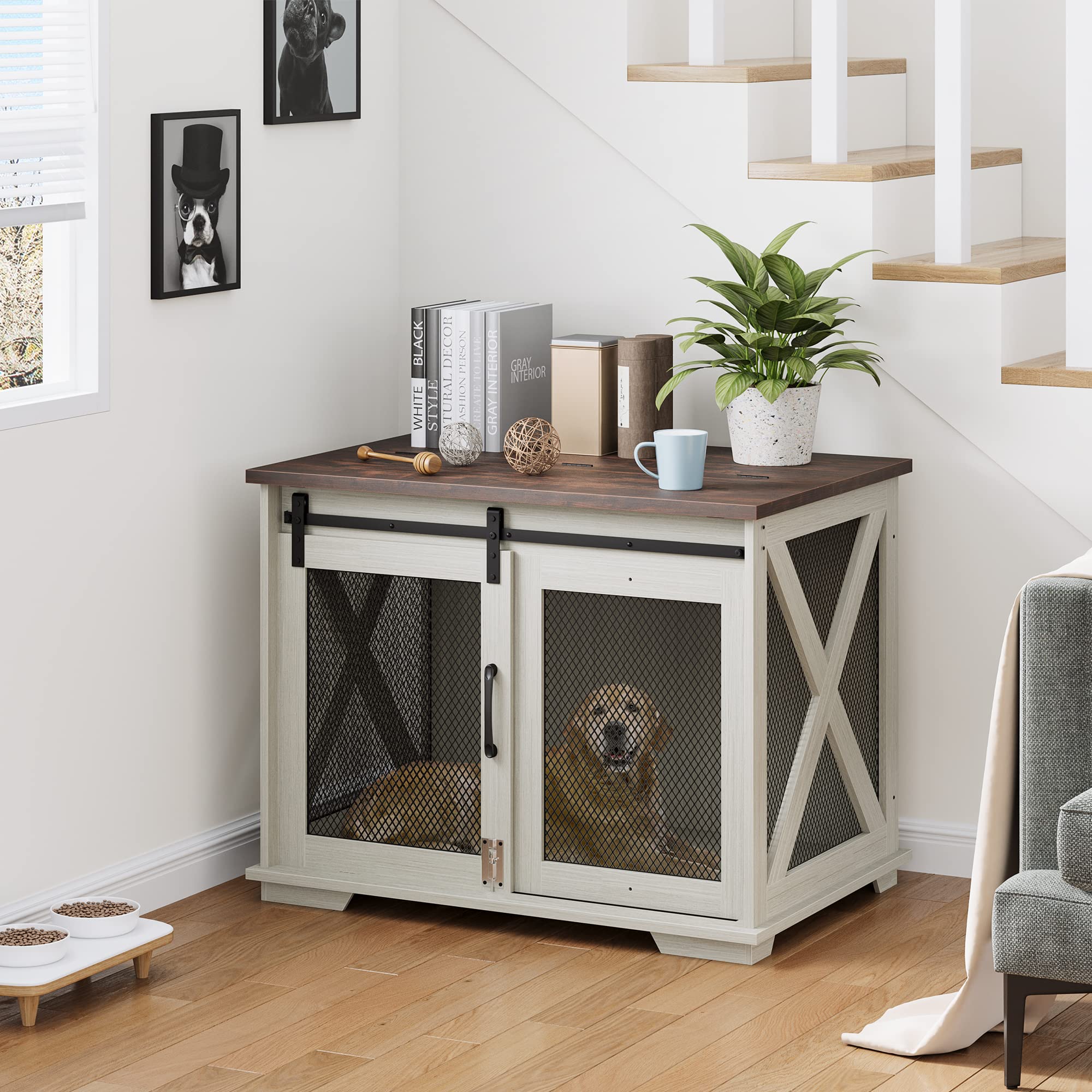 GARVEE 37 Inch Wooden Dog Crate Furniture - Flip Top End Table with Movable Divider, Large Pet Kennel Side Table in White | Perfect for Living Room, Bedroom & Home Decor
