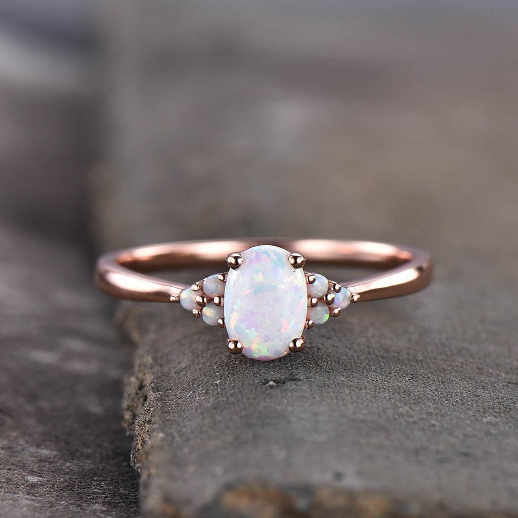 14K/18K Oval Opal Engagement Ring - Elegant Cluster Opal Oval Cut Ring for Women | Perfect for Weddings, Proposals & Anniversary Gifts